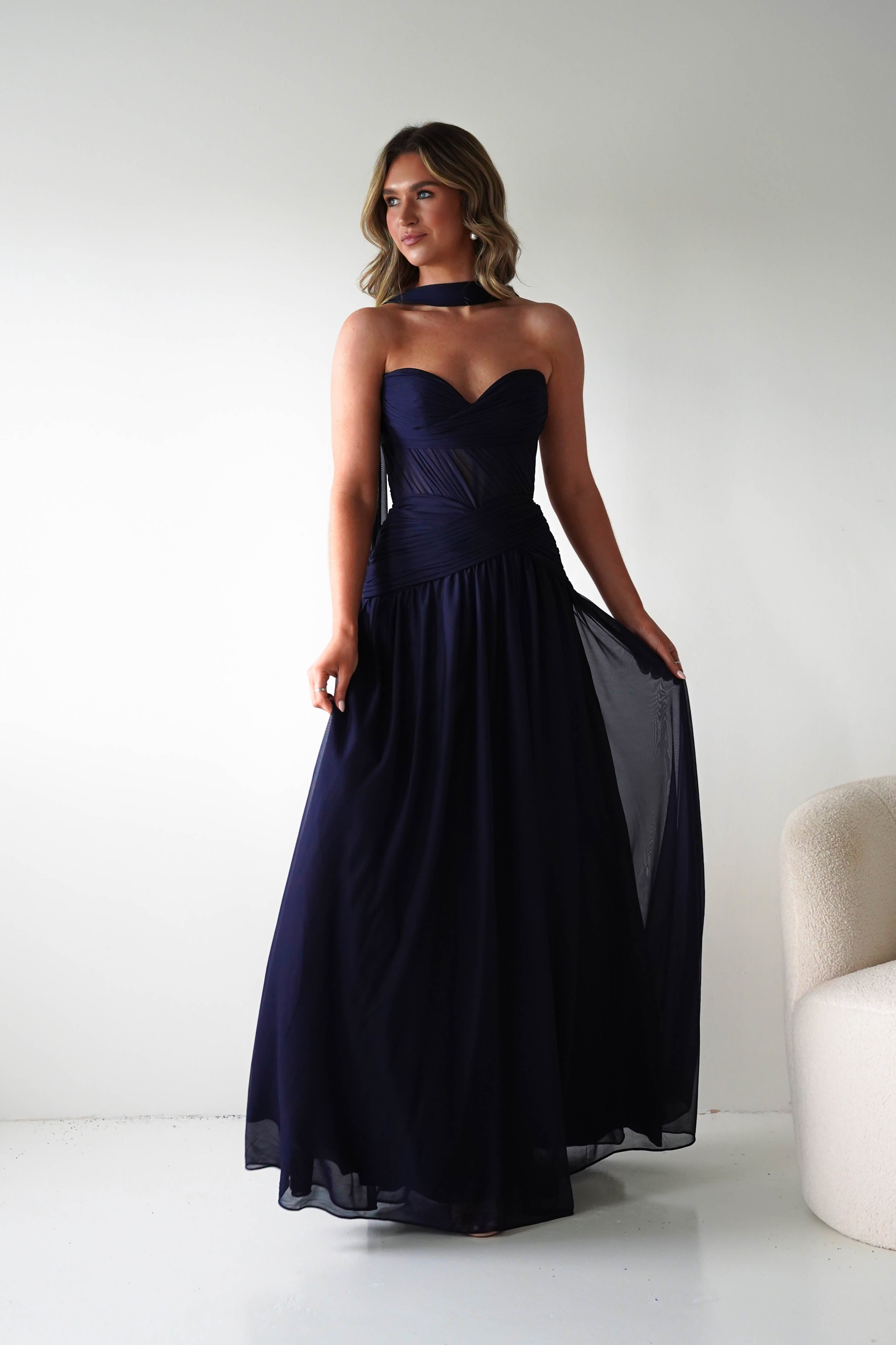 Oh Hello Clothing Women > Clothing > Dresses Nicolette Strapless Chiffon Maxi Gown | Navy