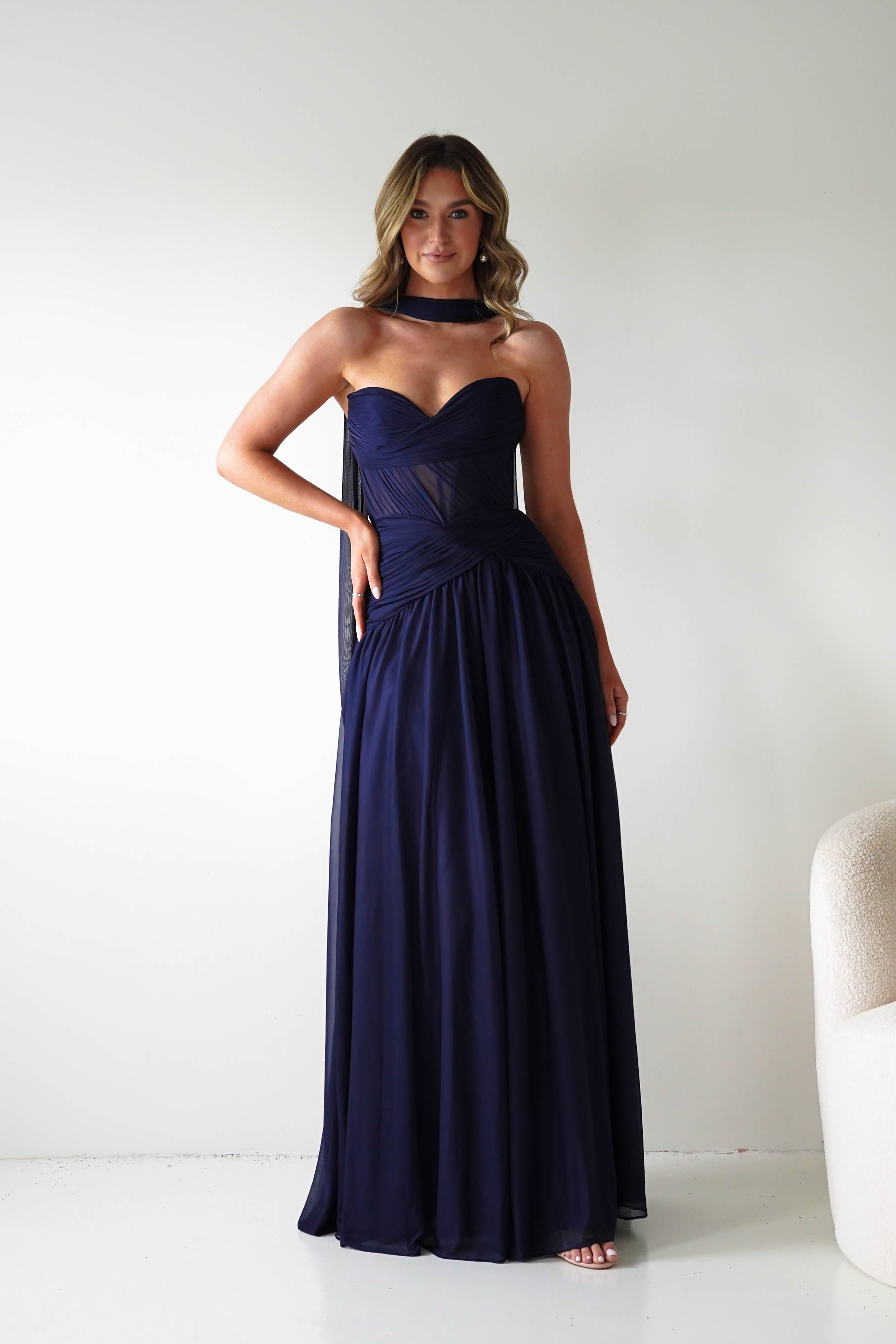 Oh Hello Clothing Women > Clothing > Dresses Nicolette Strapless Chiffon Maxi Gown | Navy
