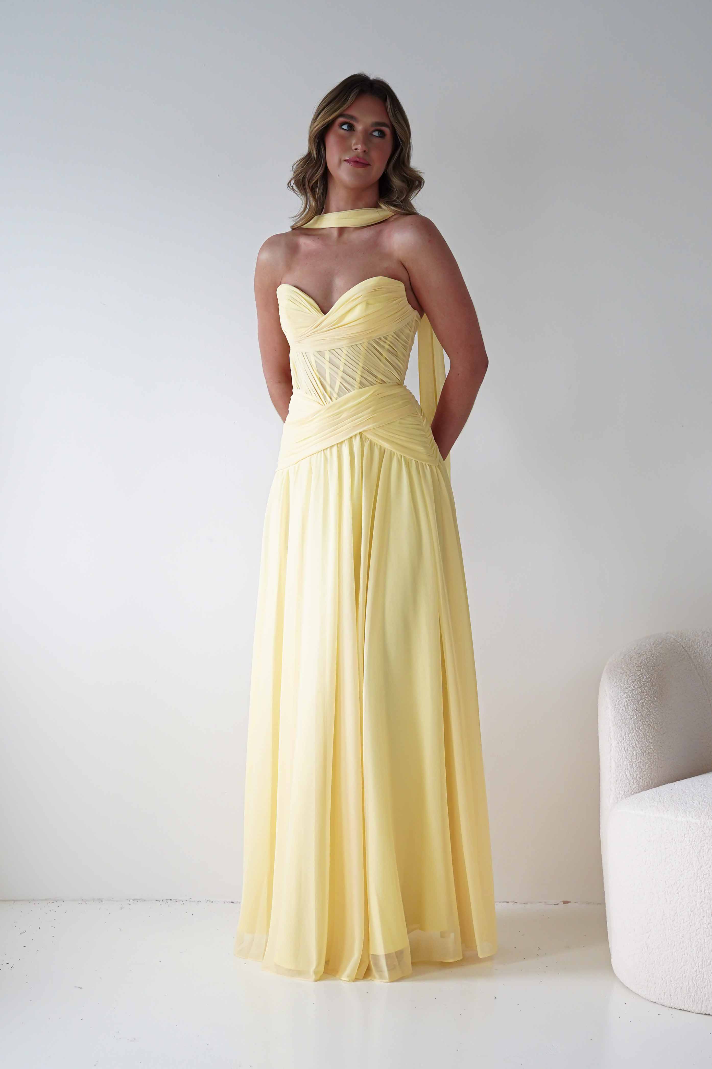 Oh Hello Clothing Women > Clothing > Dresses Nicolette Strapless Chiffon Maxi Gown | Yellow