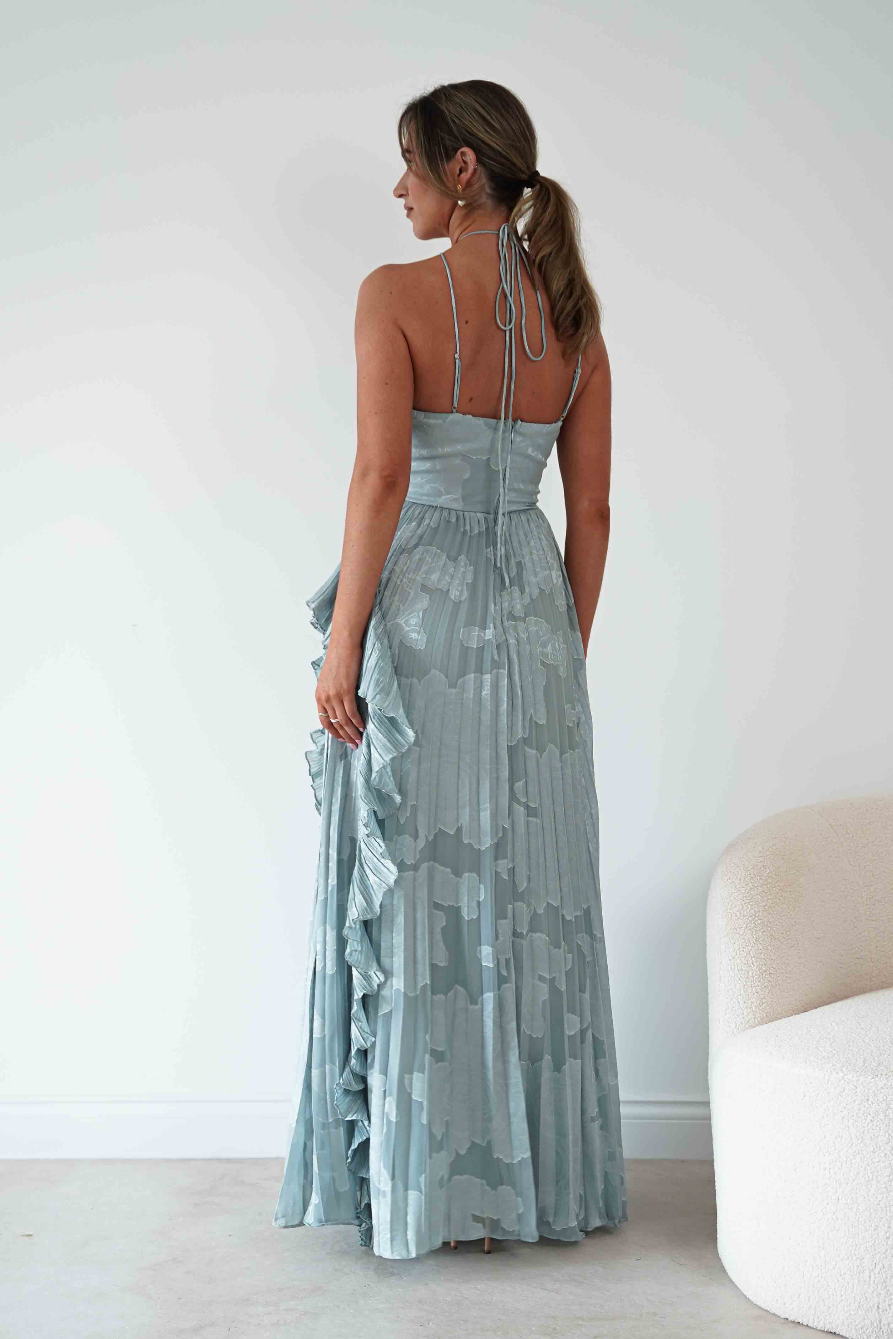 Oh Hello Clothing Women > Clothing > Dresses Oaklyn Floral Textured Ruffle Pleated Maxi Dress | Dusty Blue