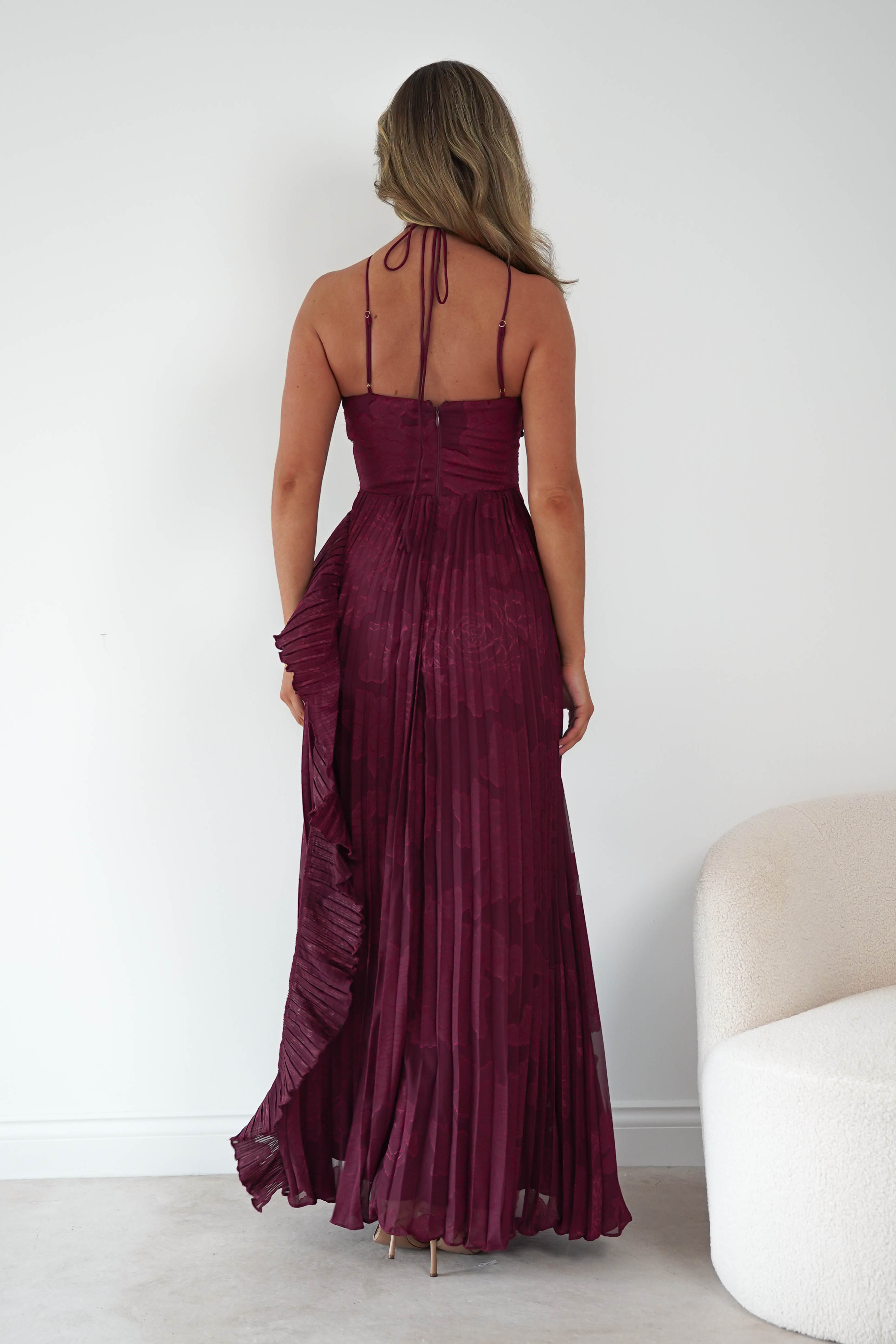 Oh Hello Clothing Women > Clothing > Dresses Oaklyn Floral Textured Ruffle Pleated Maxi Dress | Wine