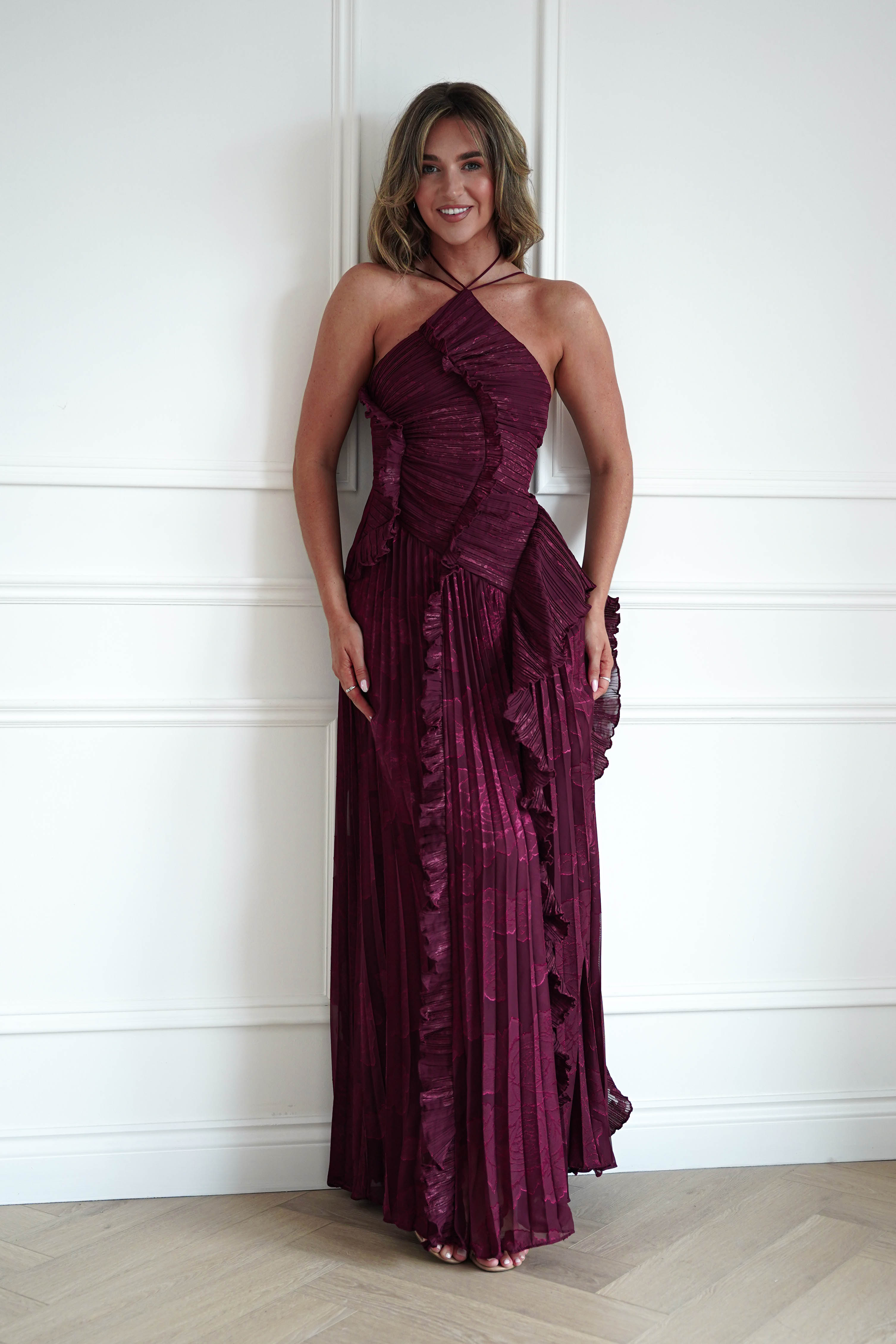 Oh Hello Clothing Women > Clothing > Dresses Oaklyn Floral Textured Ruffle Pleated Maxi Dress | Wine