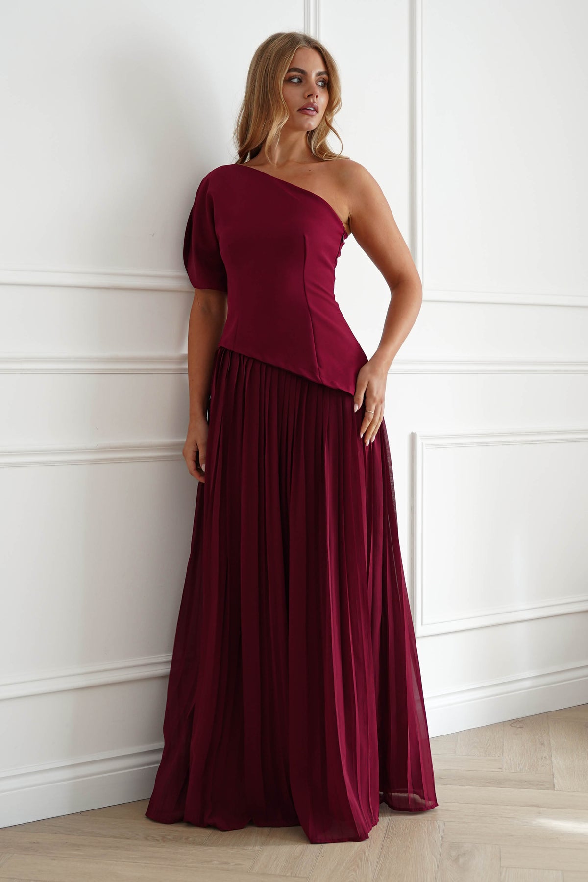 Oh Hello Clothing Women > Clothing > Dresses Orla One Shoulder Pleated Maxi Dress | Wine