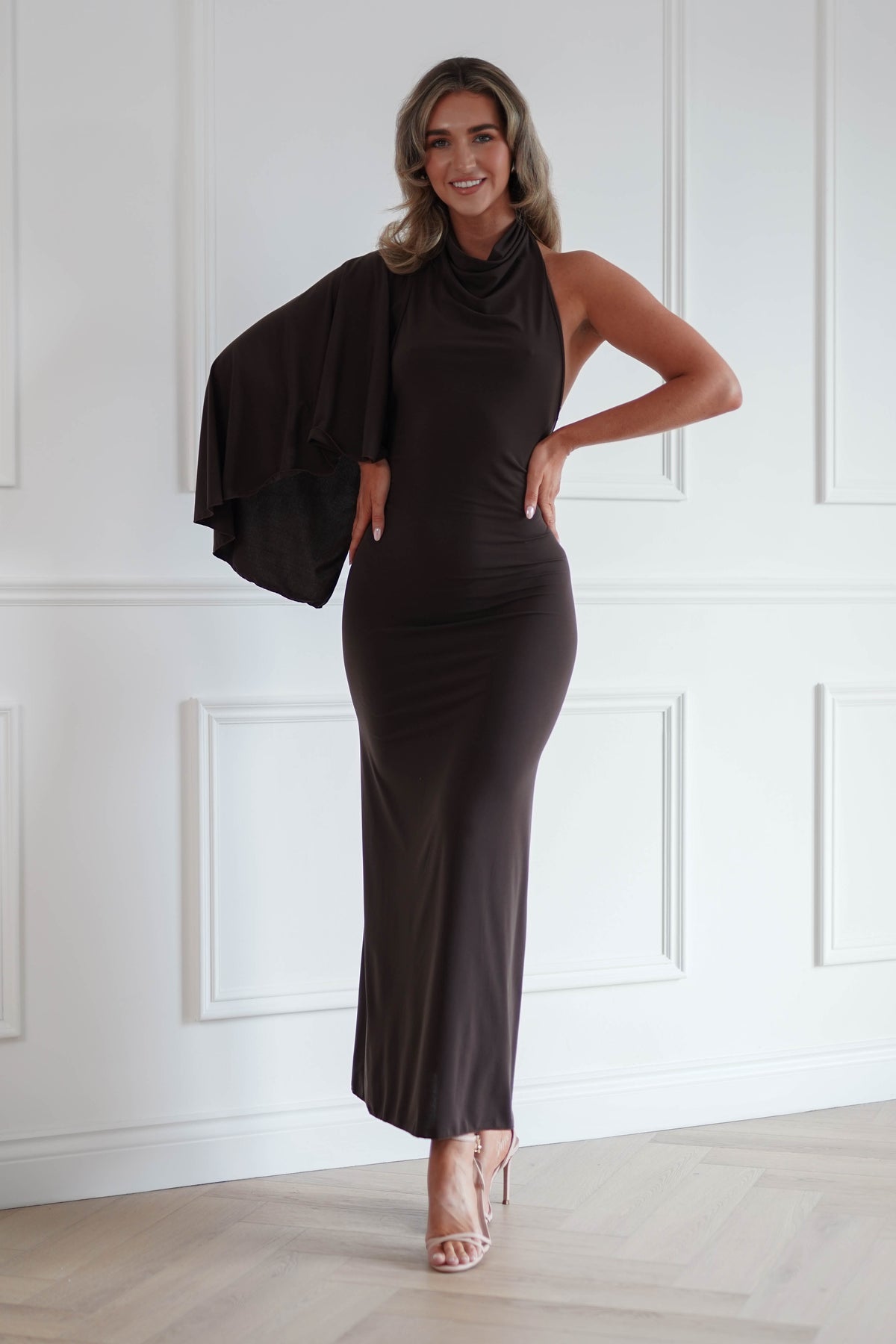 Oh Hello Clothing Women > Clothing > Dresses Ottilie Cape Shoulder Maxi Dress | Chocolate Brown