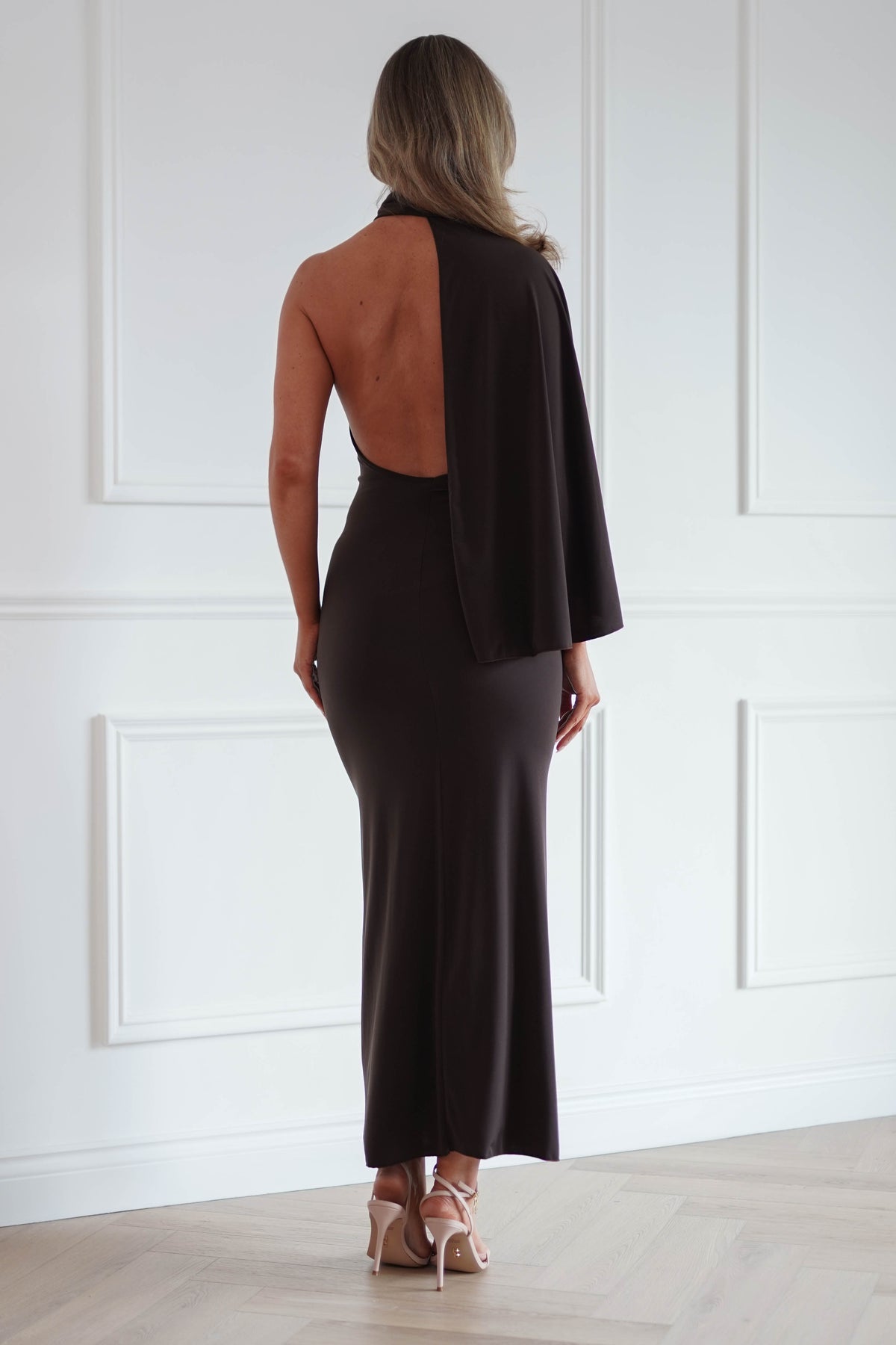 Oh Hello Clothing Women > Clothing > Dresses Ottilie Cape Shoulder Maxi Dress | Chocolate Brown