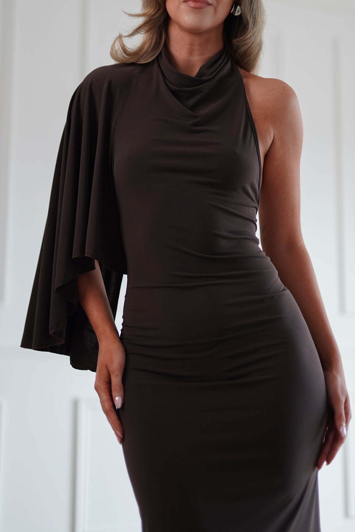 Oh Hello Clothing Women > Clothing > Dresses Ottilie Cape Shoulder Maxi Dress | Chocolate Brown