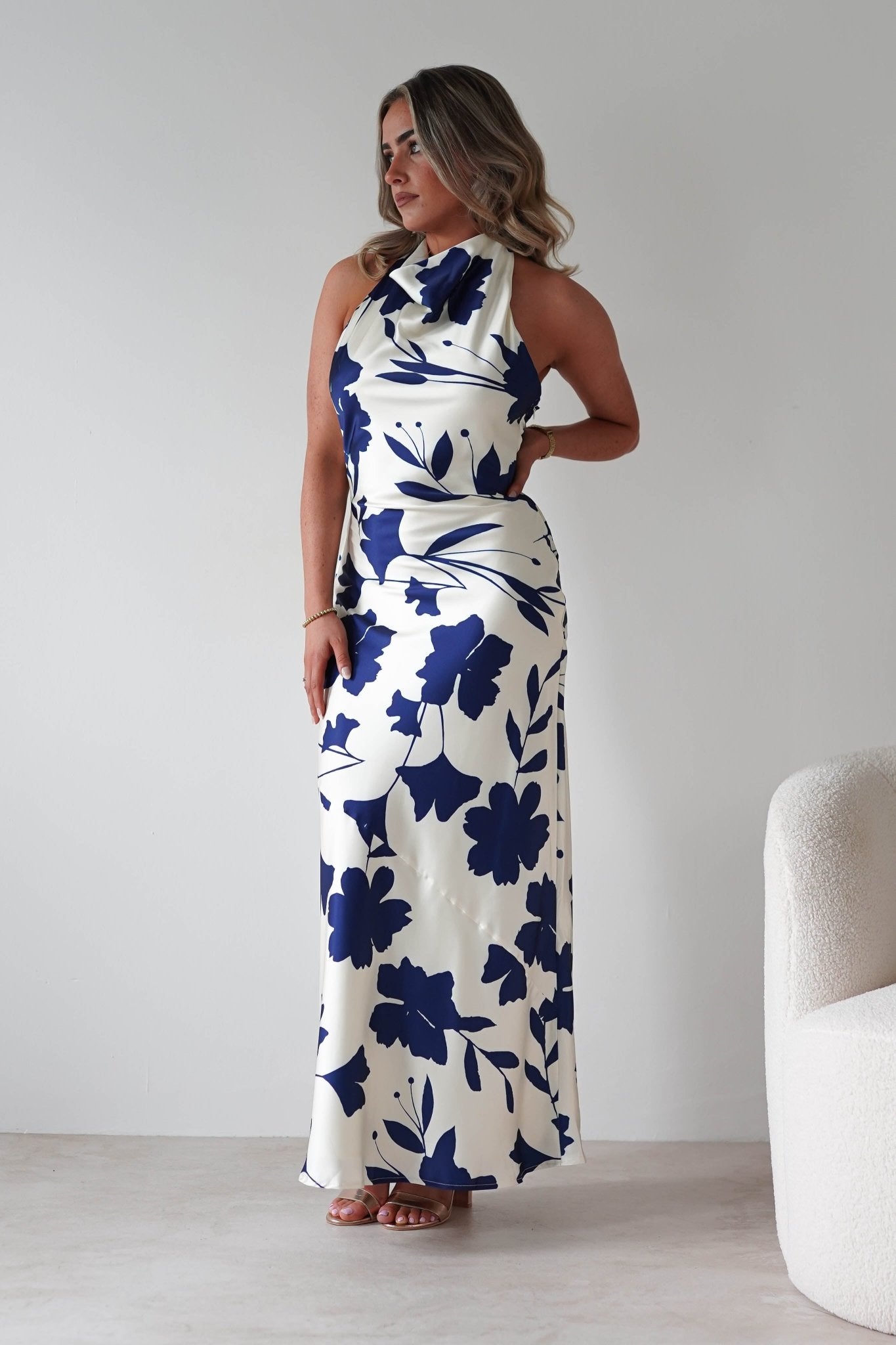 Pagoda Floral Satin Maxi Dress | Cream/Navy | Oh Hello Clothing | XS (6)