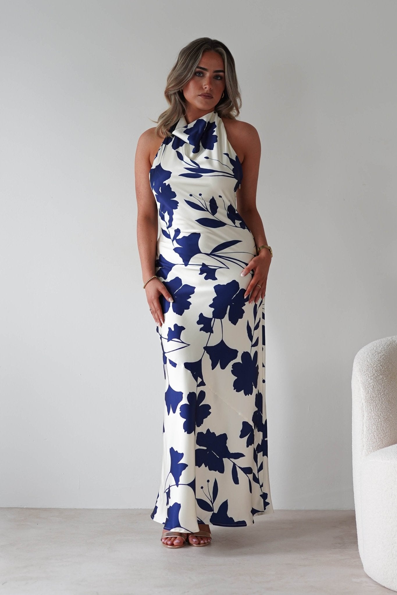 Pagoda Floral Satin Maxi Dress | Cream/Navy | Oh Hello Clothing | XS (6)
