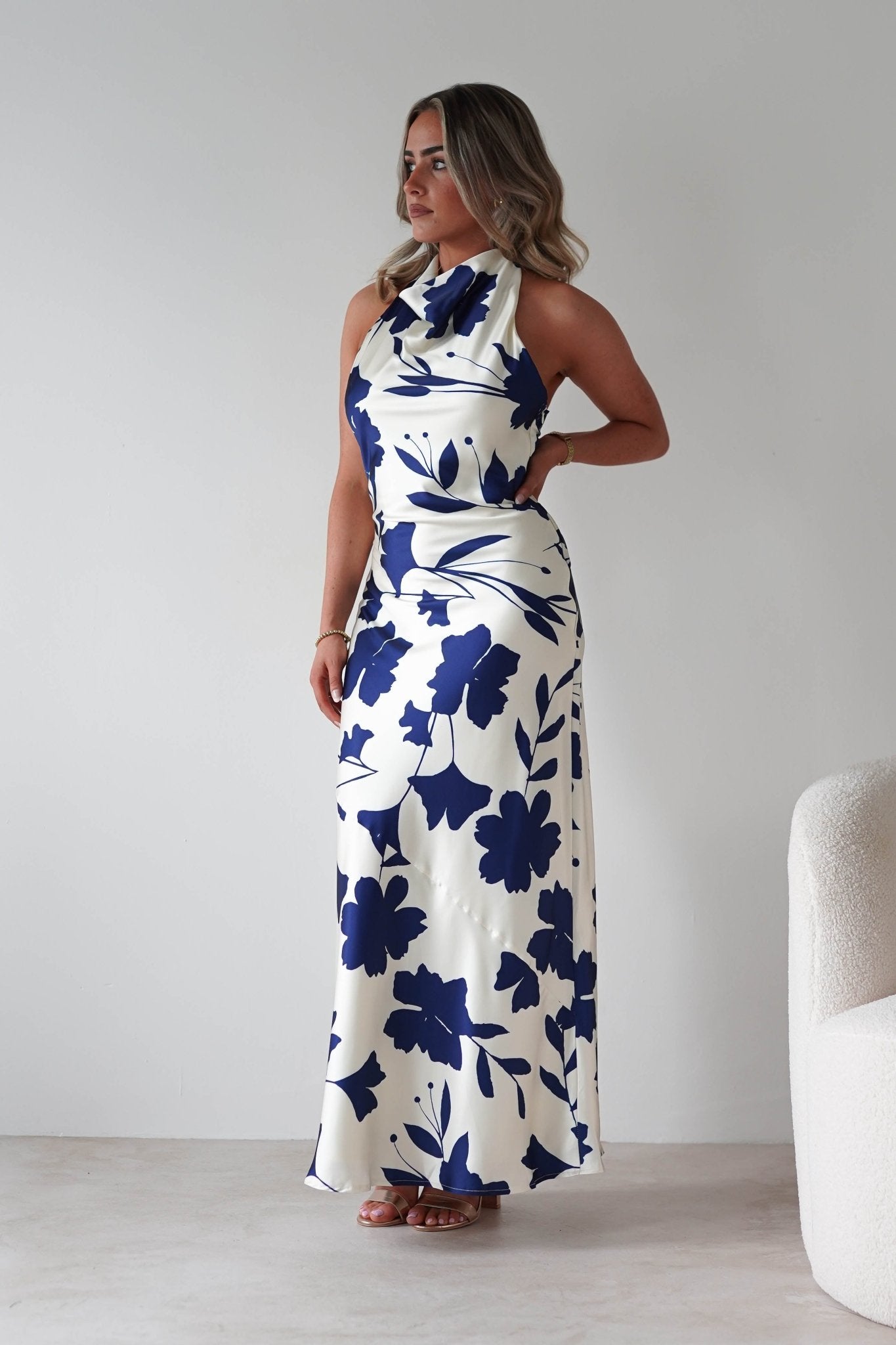 Pagoda Floral Satin Maxi Dress | Cream/Navy | Oh Hello Clothing | XS (6)