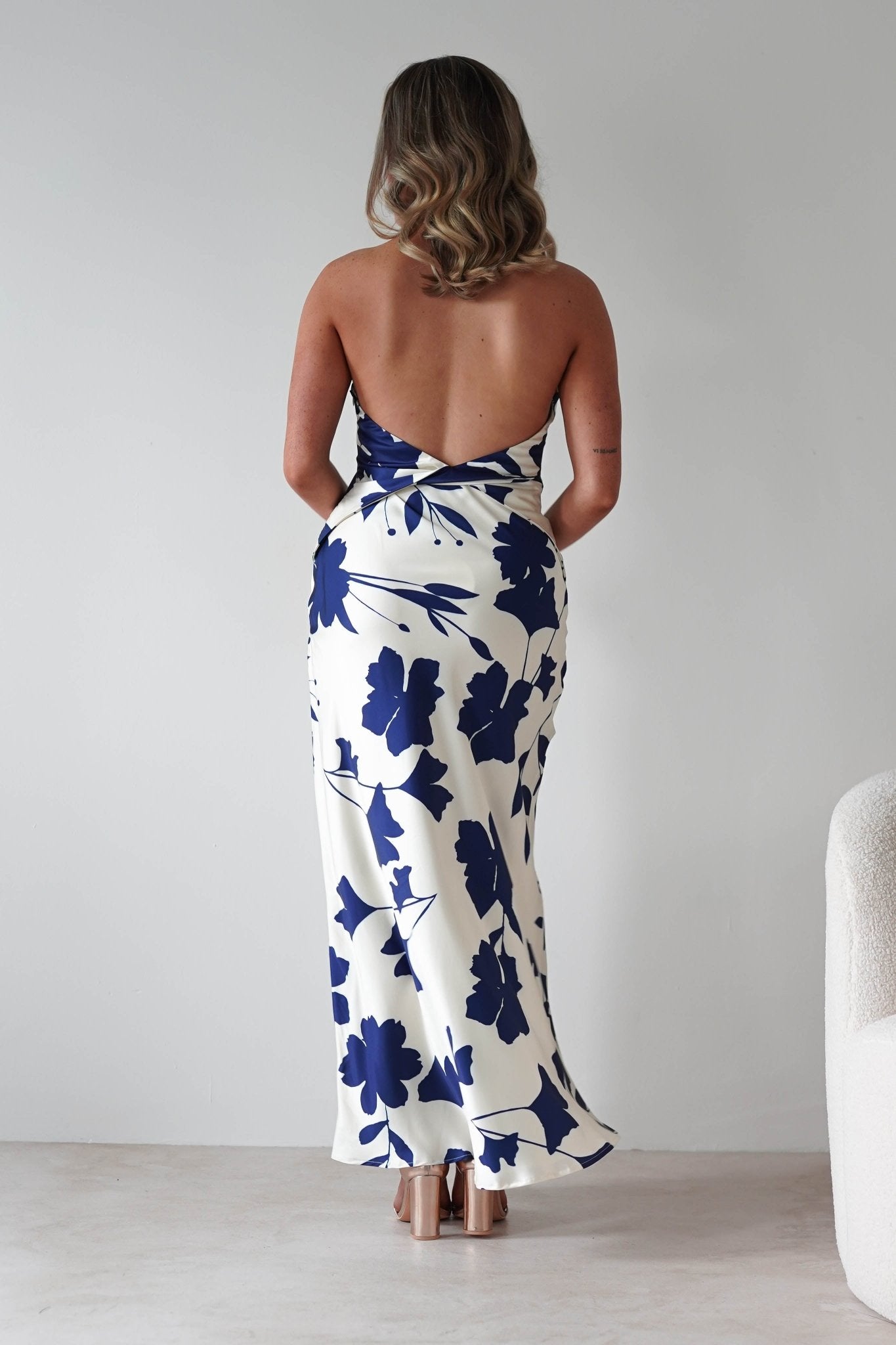 Pagoda Floral Satin Maxi Dress | Cream/Navy | Oh Hello Clothing | XS (6)