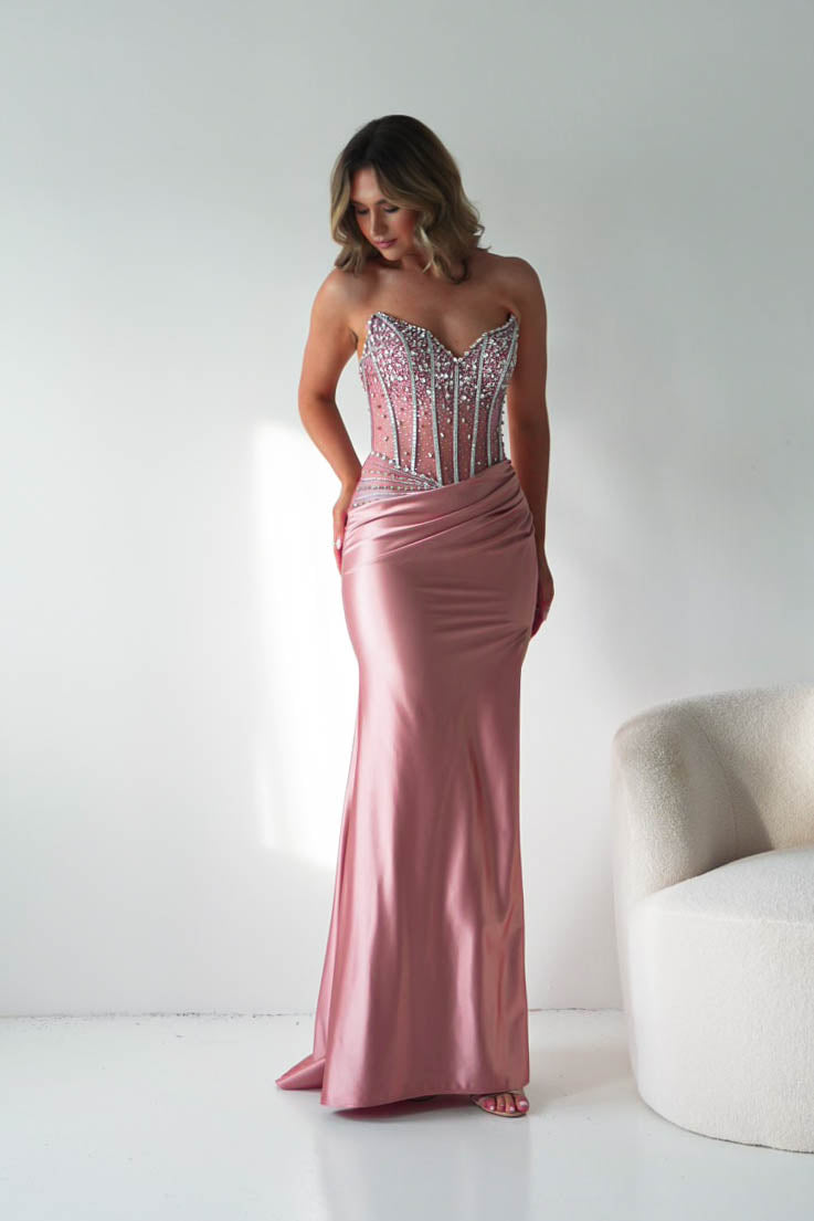 Oh Hello Clothing Dresses > Prom Dresses Paloma Crystal Embellished Sheer Corset Gown | Rose
