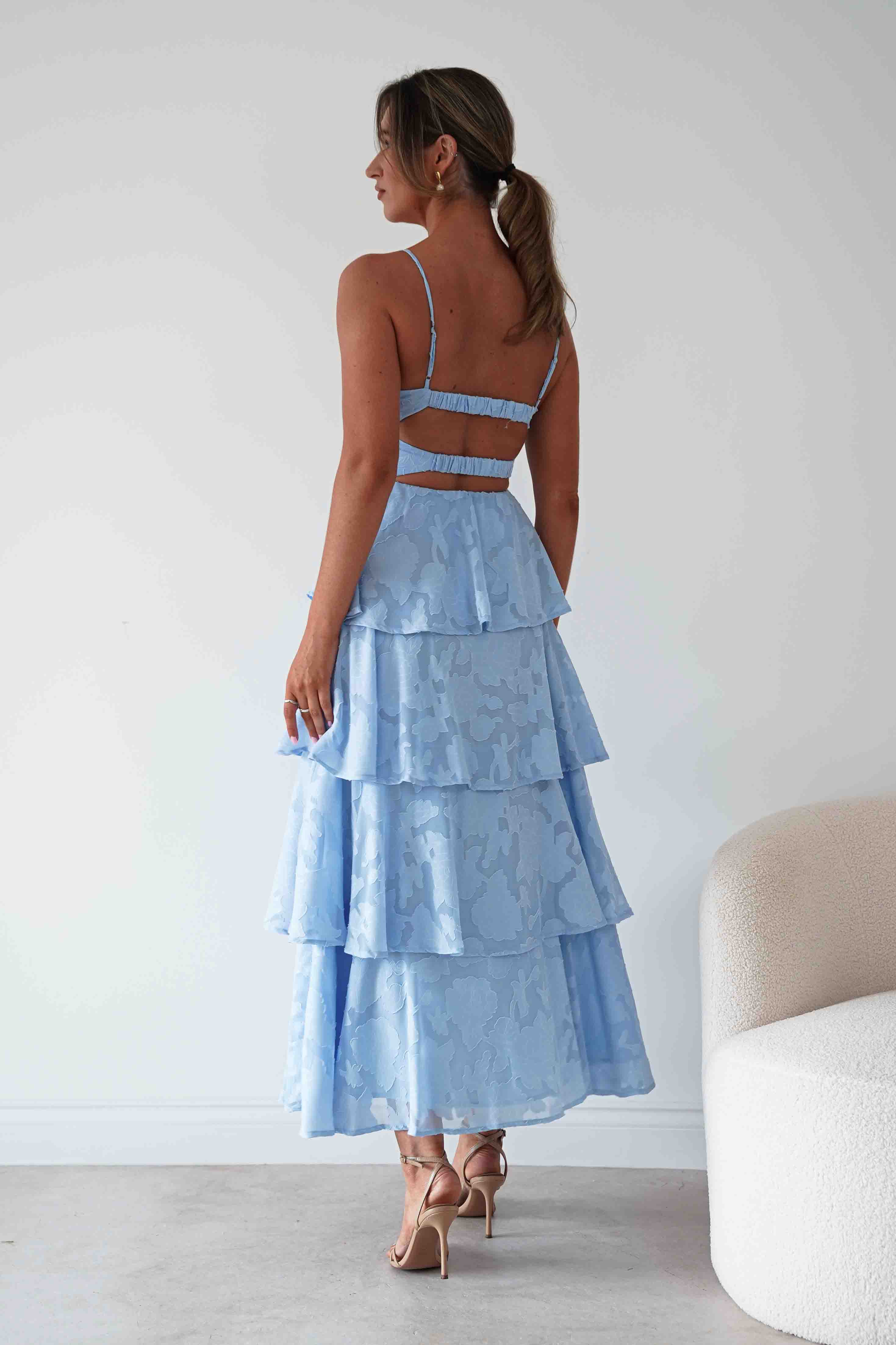 Oh Hello Clothing Women > Clothing > Dresses Patsy Floral Jacquard Tiered Maxi Dress | Blue