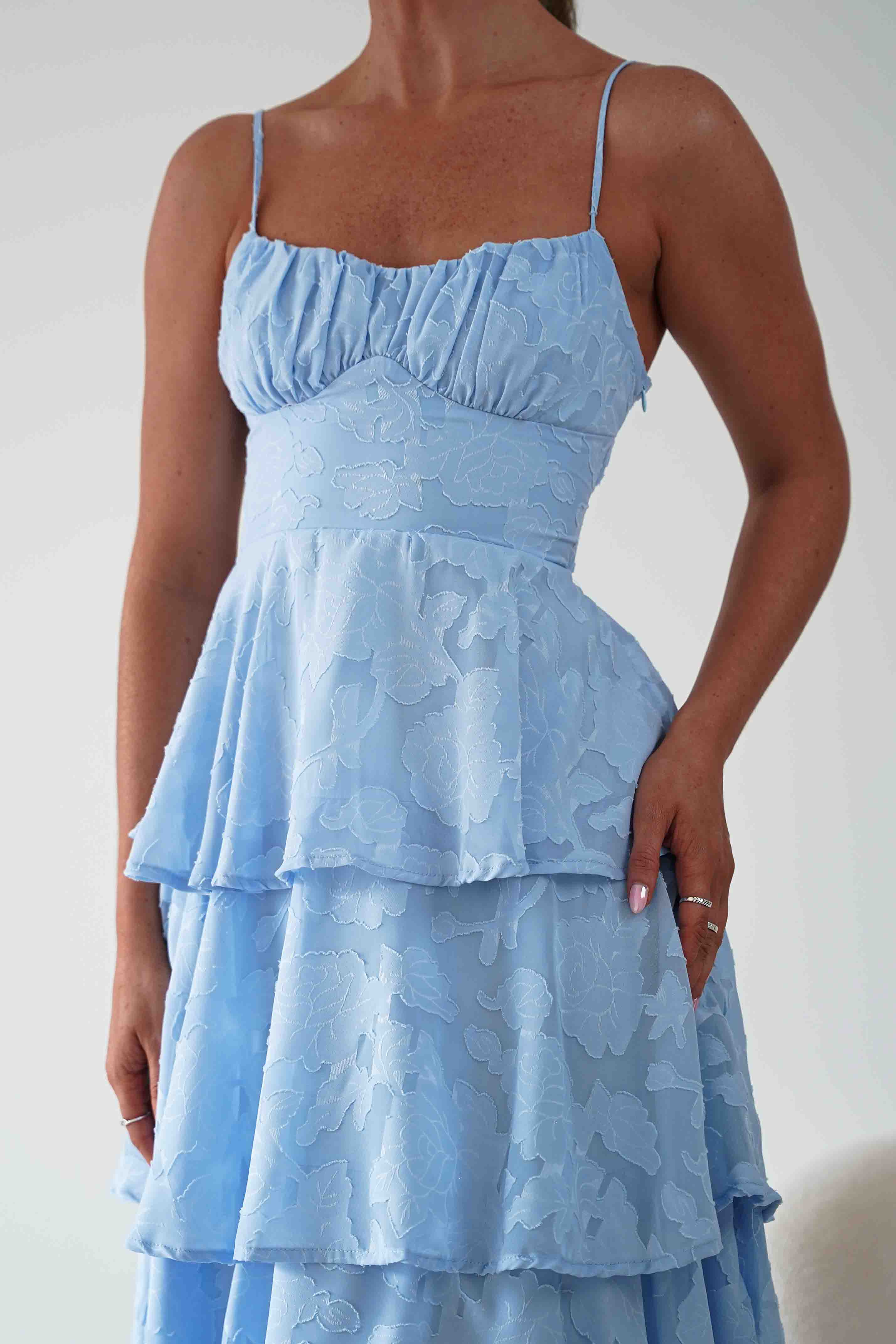 Oh Hello Clothing Women > Clothing > Dresses Patsy Floral Jacquard Tiered Maxi Dress | Blue