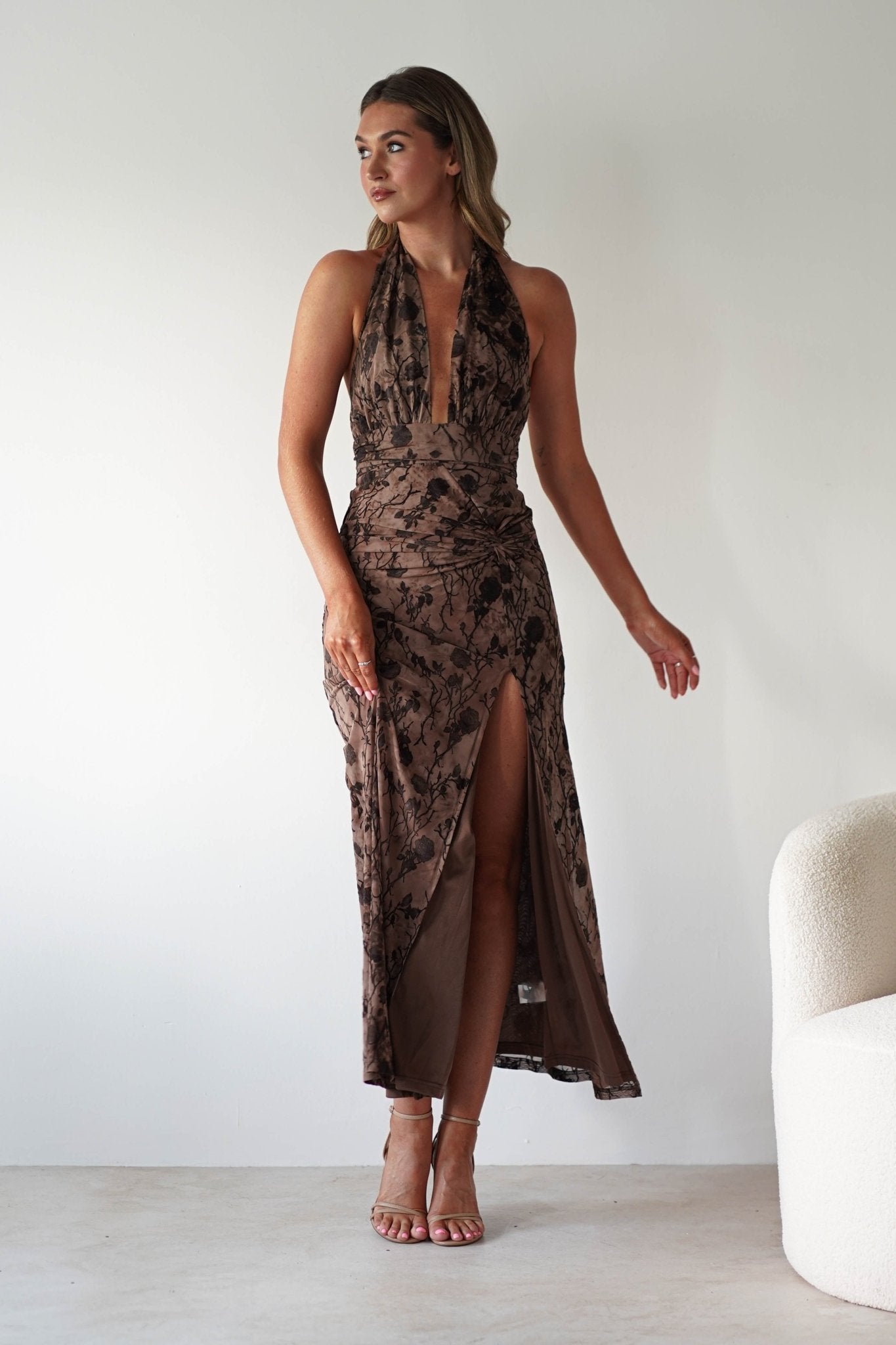 Paxton Halter Neck Floral Maxi Dress | Brown | Oh Hello Clothing | S (8)