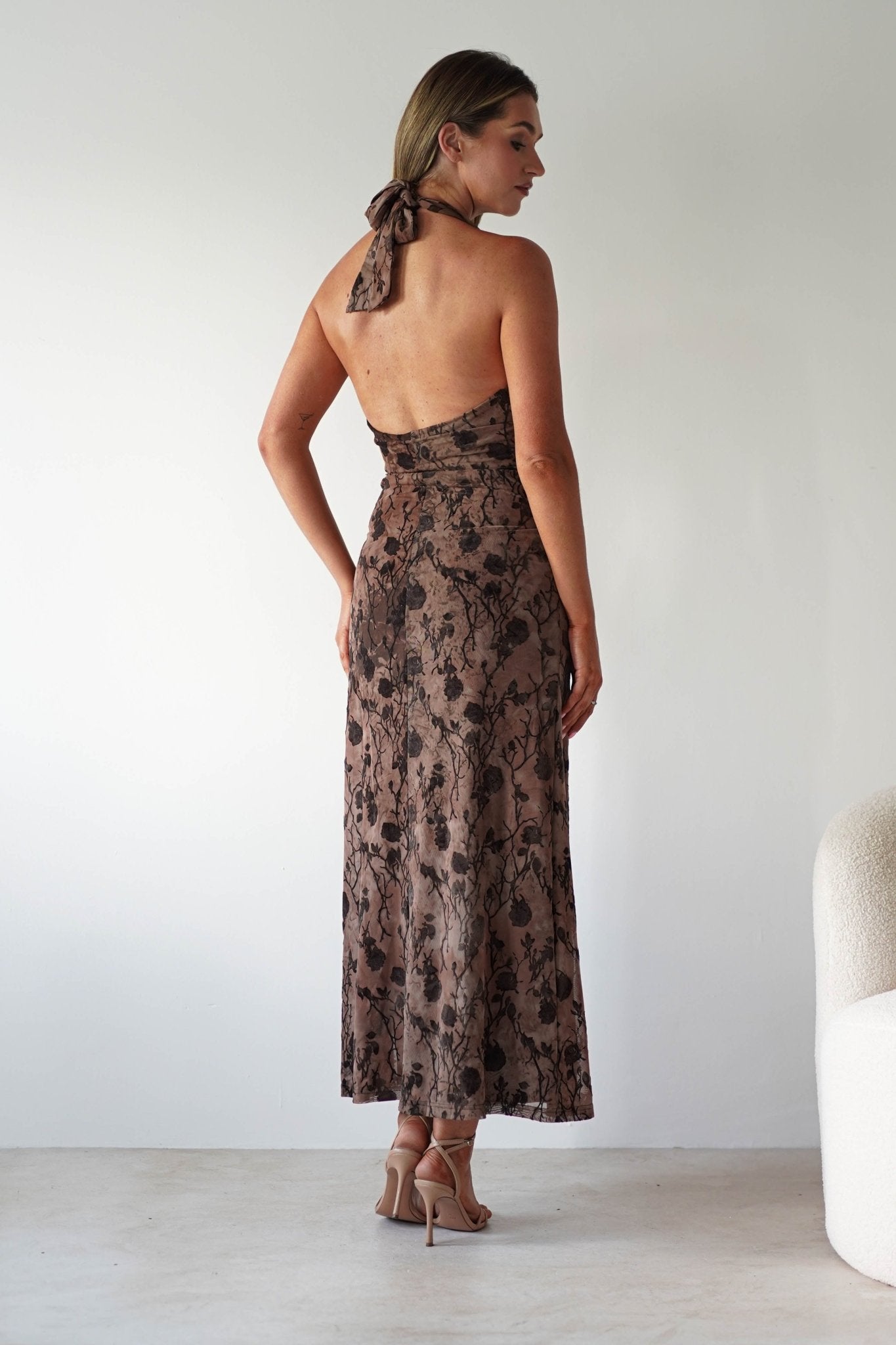 Paxton Halter Neck Floral Maxi Dress | Brown | Oh Hello Clothing | S (8)