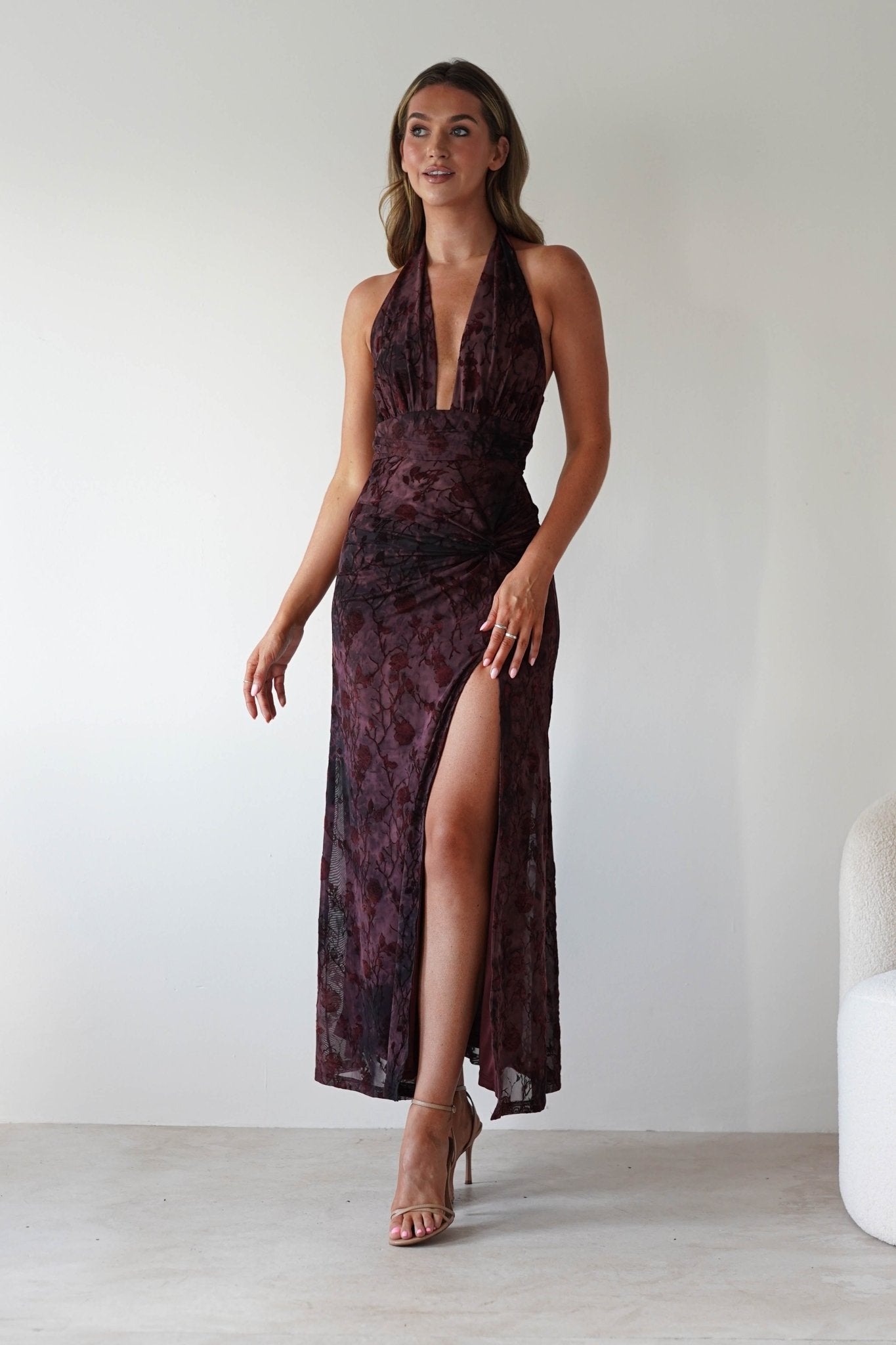 Paxton Halter Neck Floral Maxi Dress | Wine | Oh Hello Clothing | S (8)