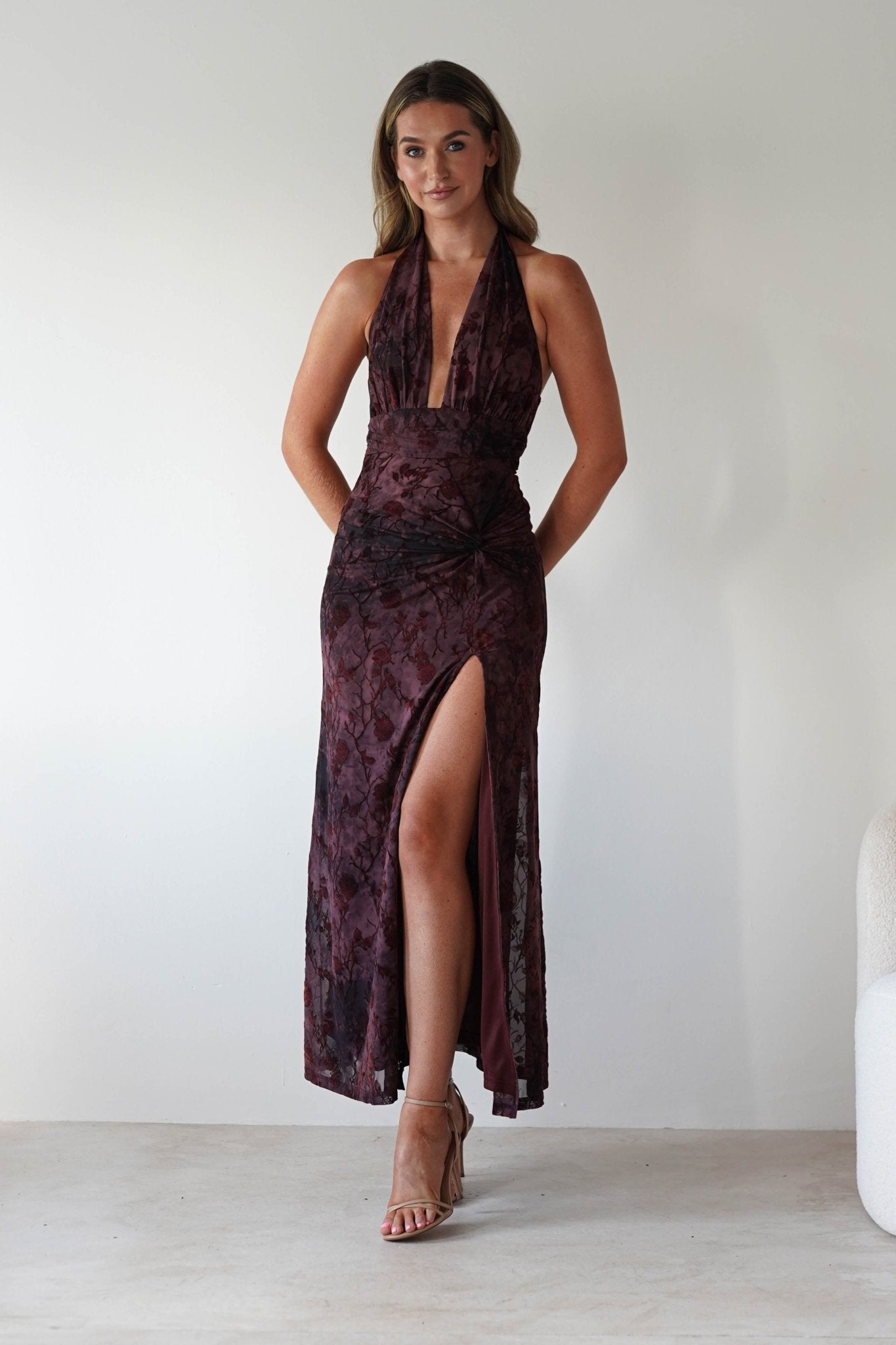Paxton Halter Neck Floral Maxi Dress | Wine | Oh Hello Clothing | S (8)