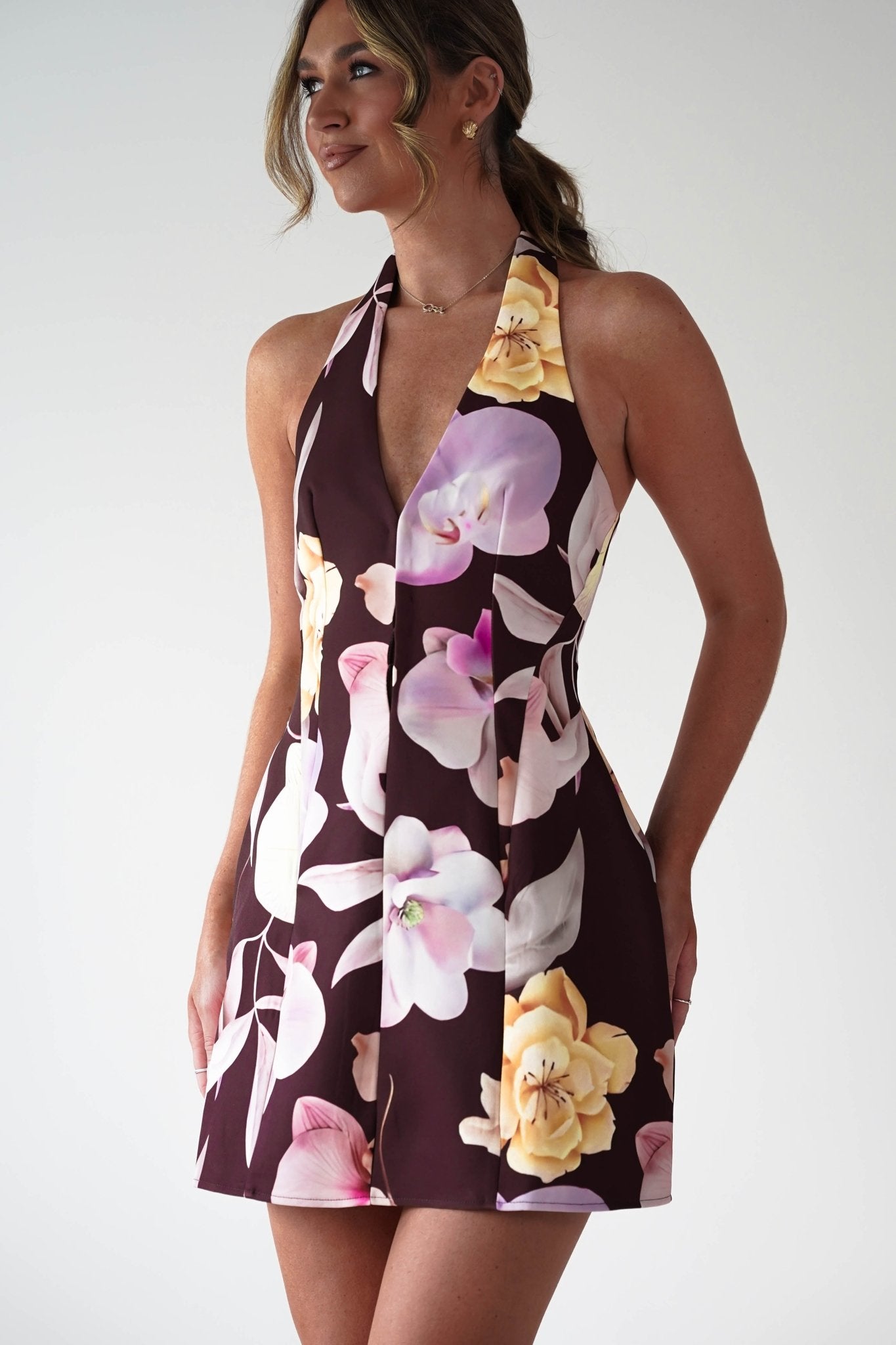 Peony Structured Halter Neck Mini Dress | Brown | Oh Hello Clothing | XS (6)