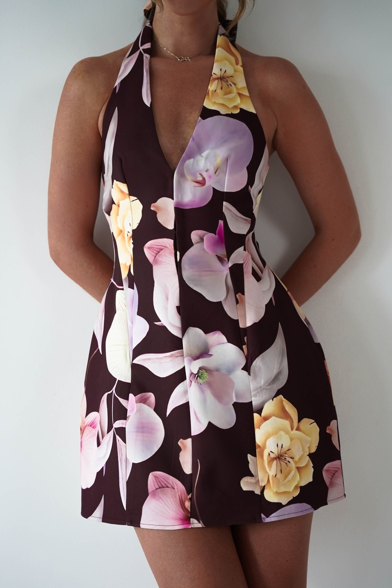 Peony Structured Halter Neck Mini Dress | Brown | Oh Hello Clothing | XS (6)