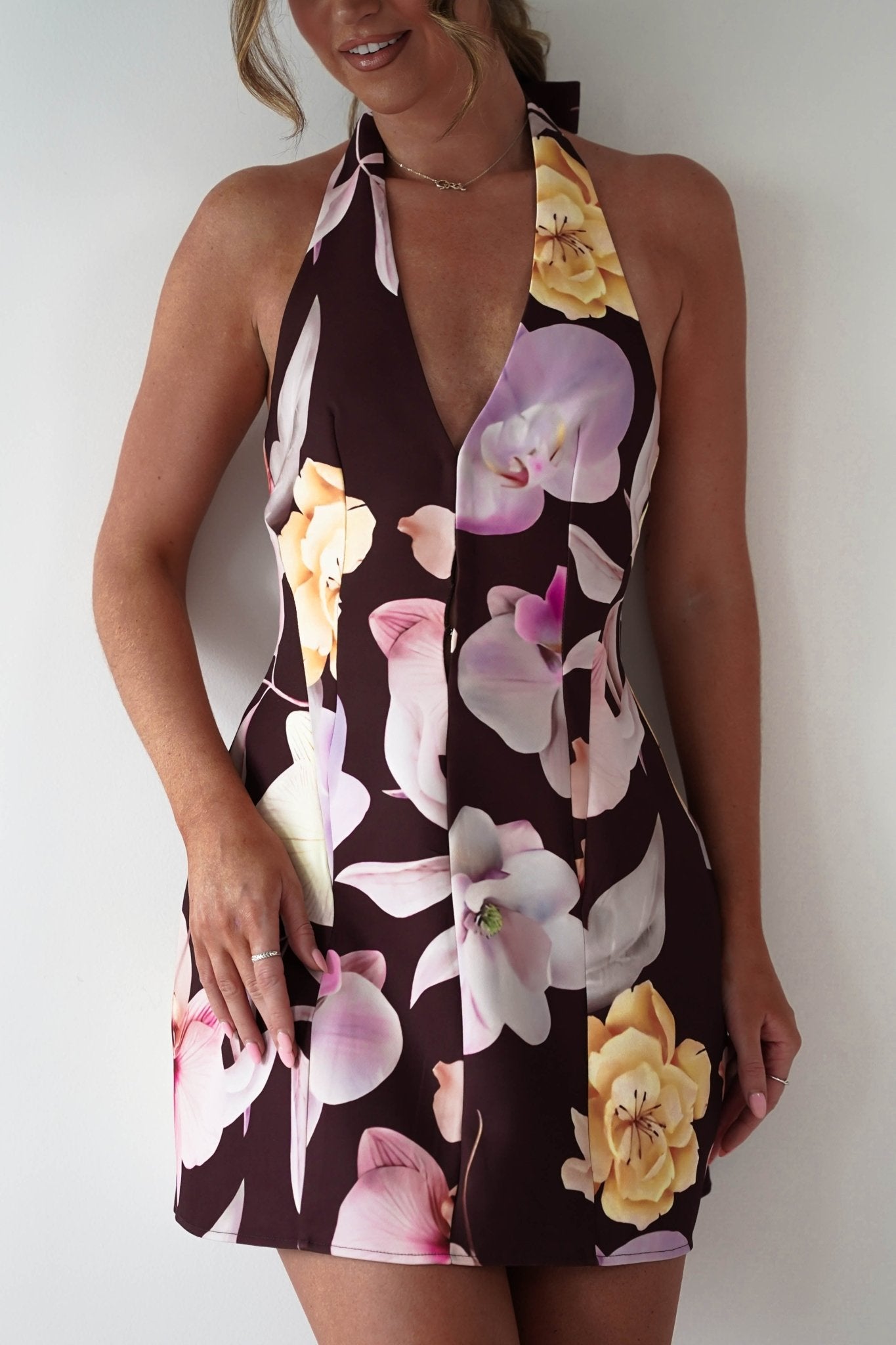Peony Structured Halter Neck Mini Dress | Brown | Oh Hello Clothing | XS (6)