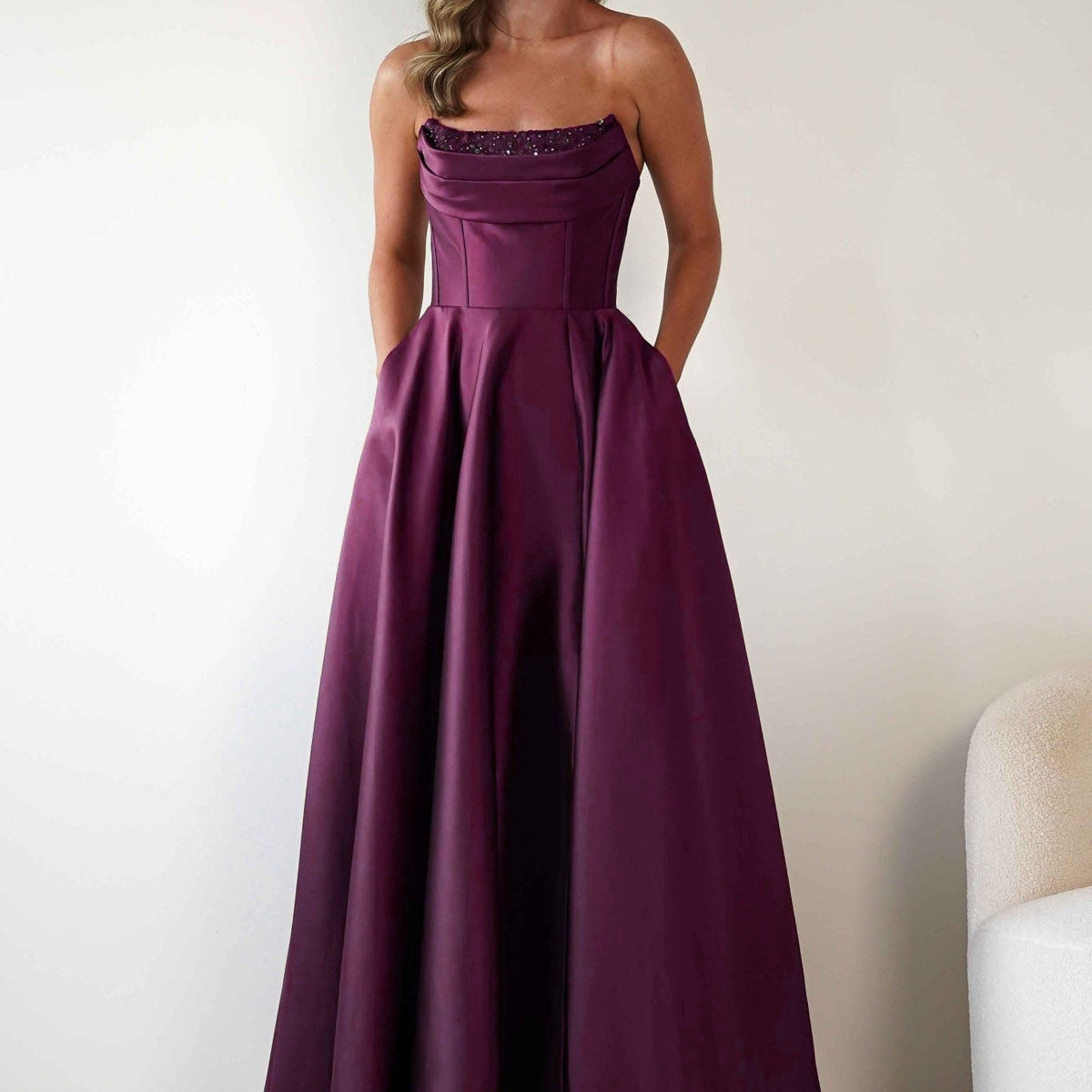 berry colored formal dress A Line Mulberry Shining Tulle Strapless Prom Dresses, Grape color Tull –  morievent main image 1