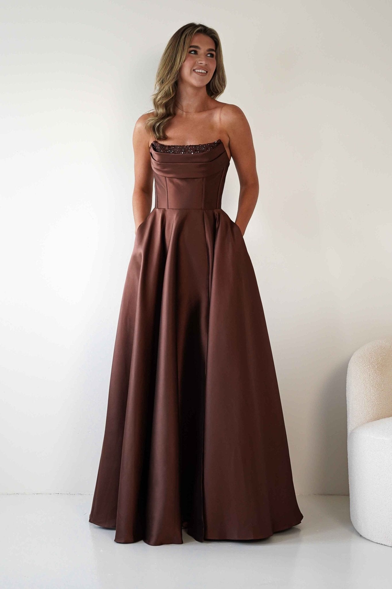Pepper Strapless A - Line Maxi Gown | Brown | Oh Hello Clothing | S (8)