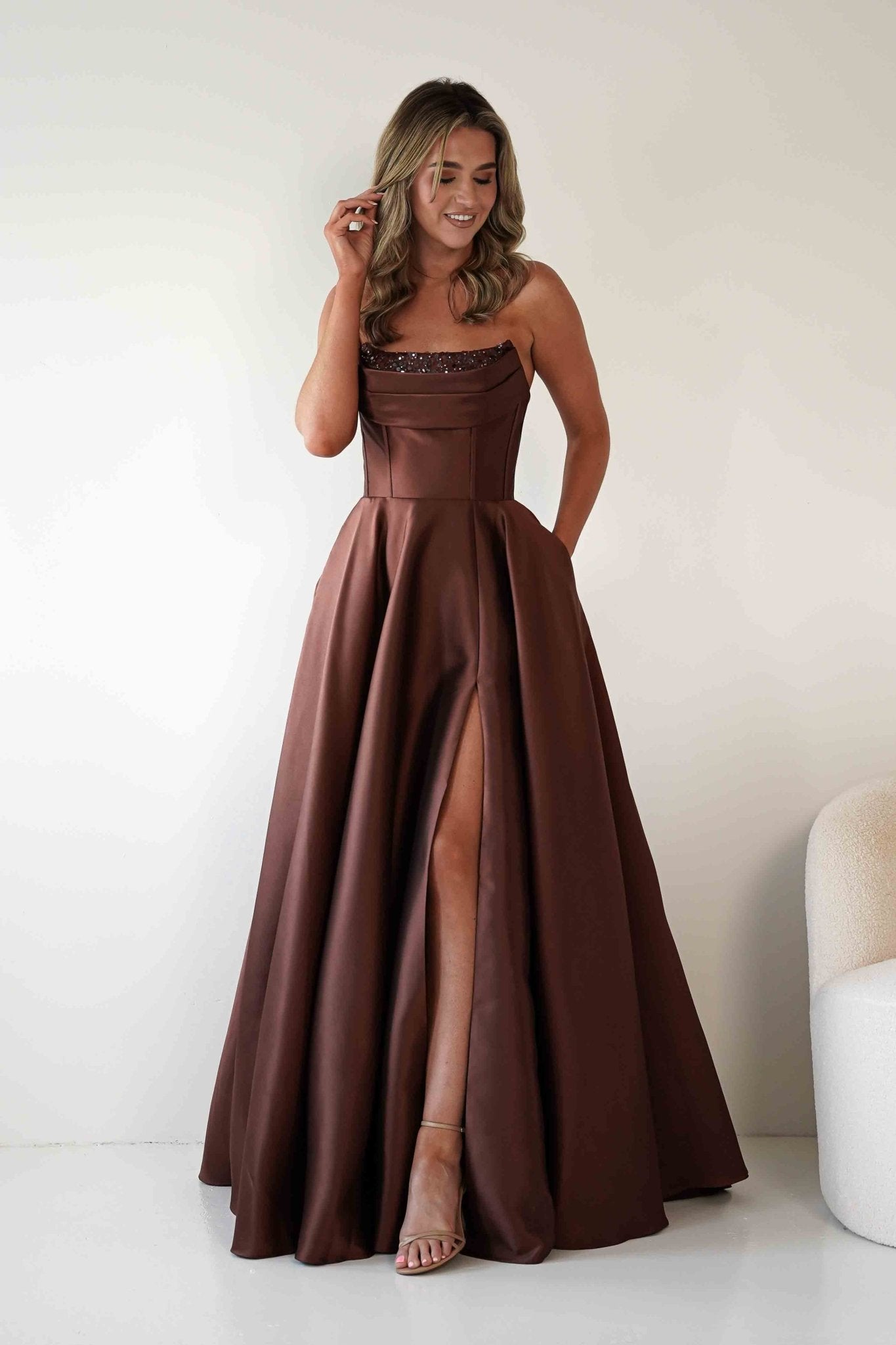 Pepper Strapless A - Line Maxi Gown | Brown | Oh Hello Clothing | S (8)