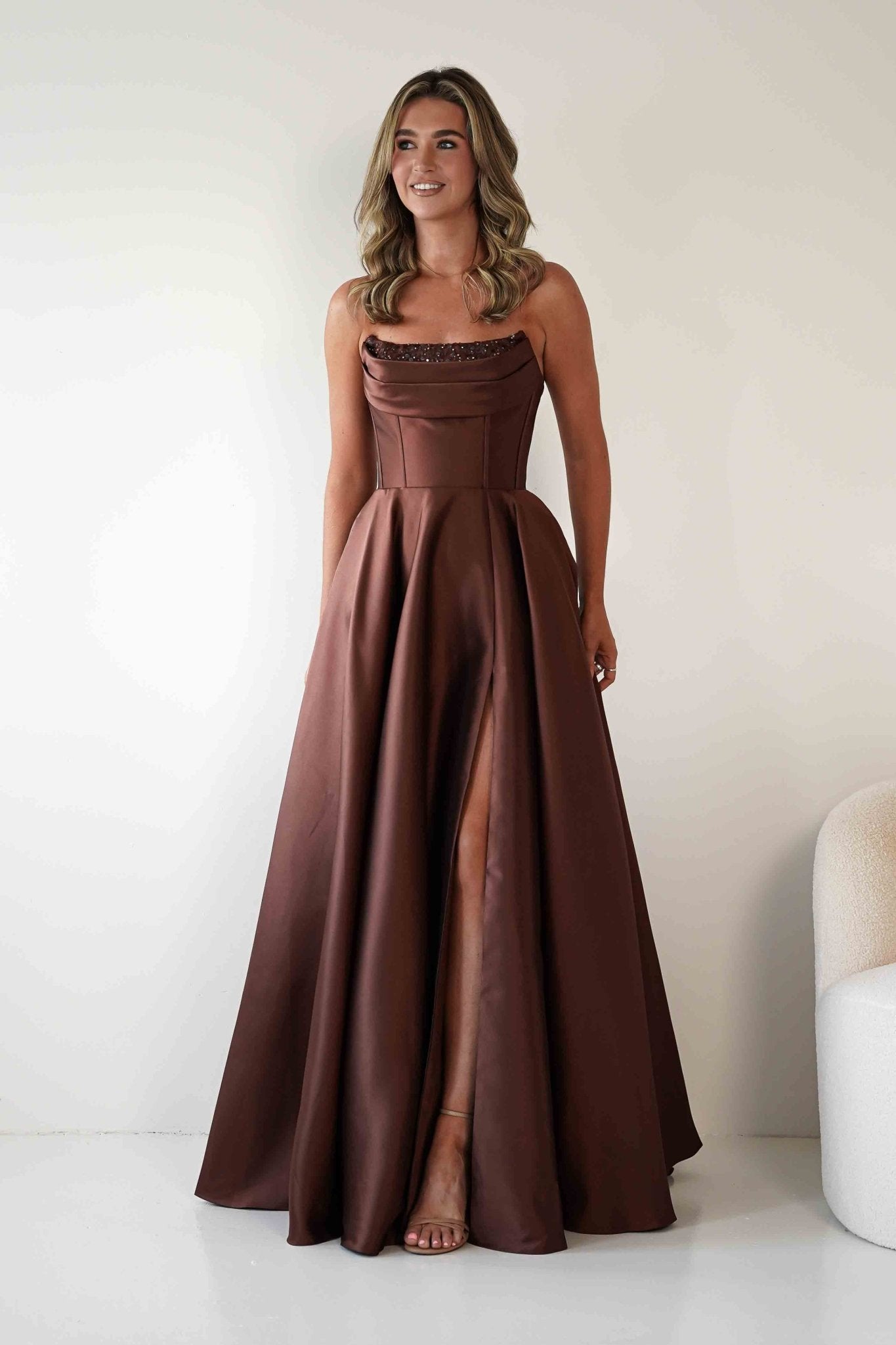 Pepper Strapless A - Line Maxi Gown | Brown | Oh Hello Clothing | S (8)