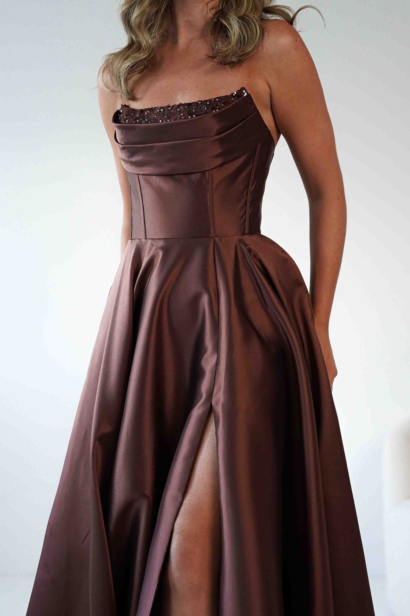 Pepper Strapless A - Line Maxi Gown | Brown | Oh Hello Clothing | S (8)
