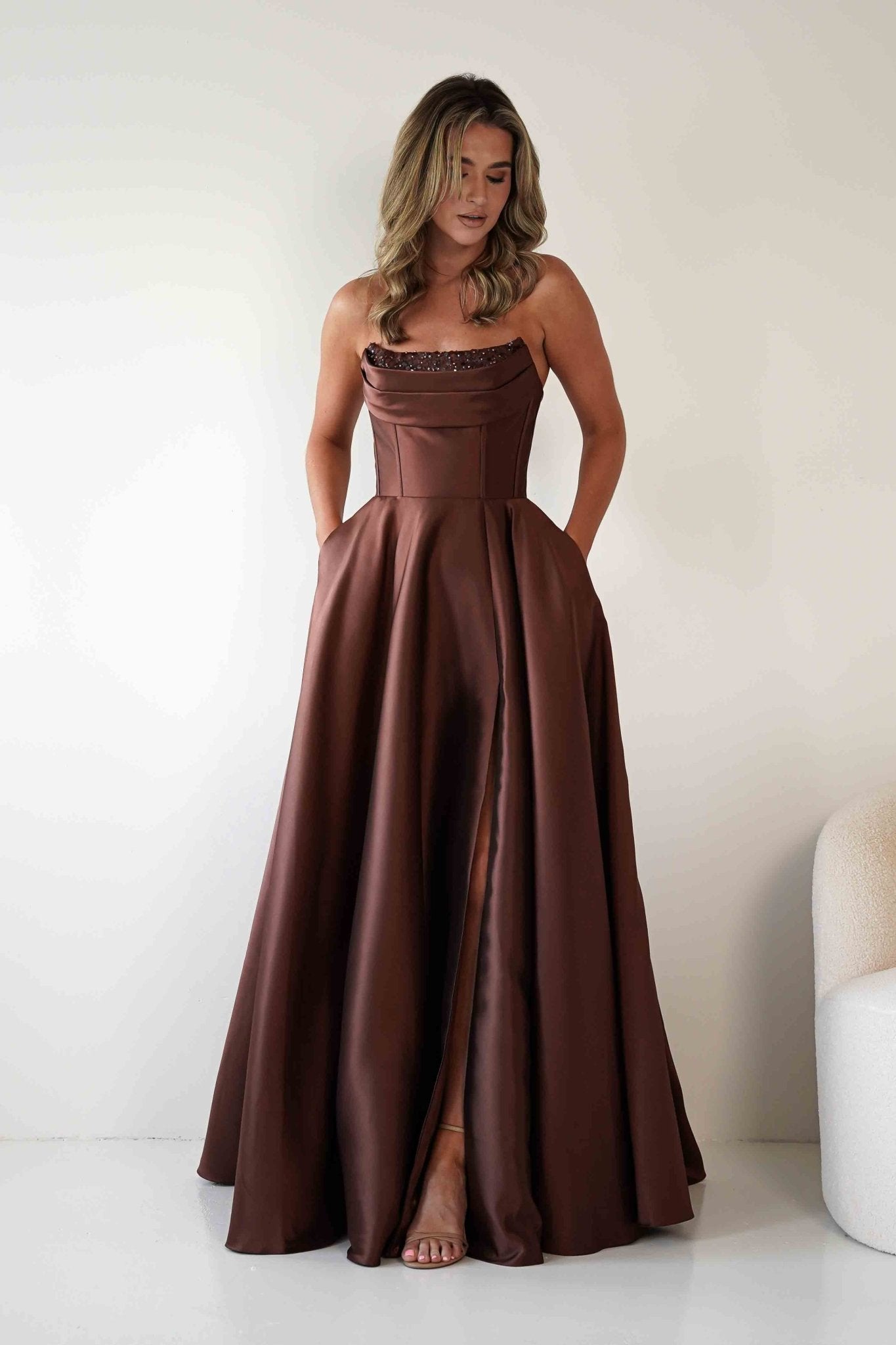 Pepper Strapless A - Line Maxi Gown | Brown | Oh Hello Clothing | S (8)