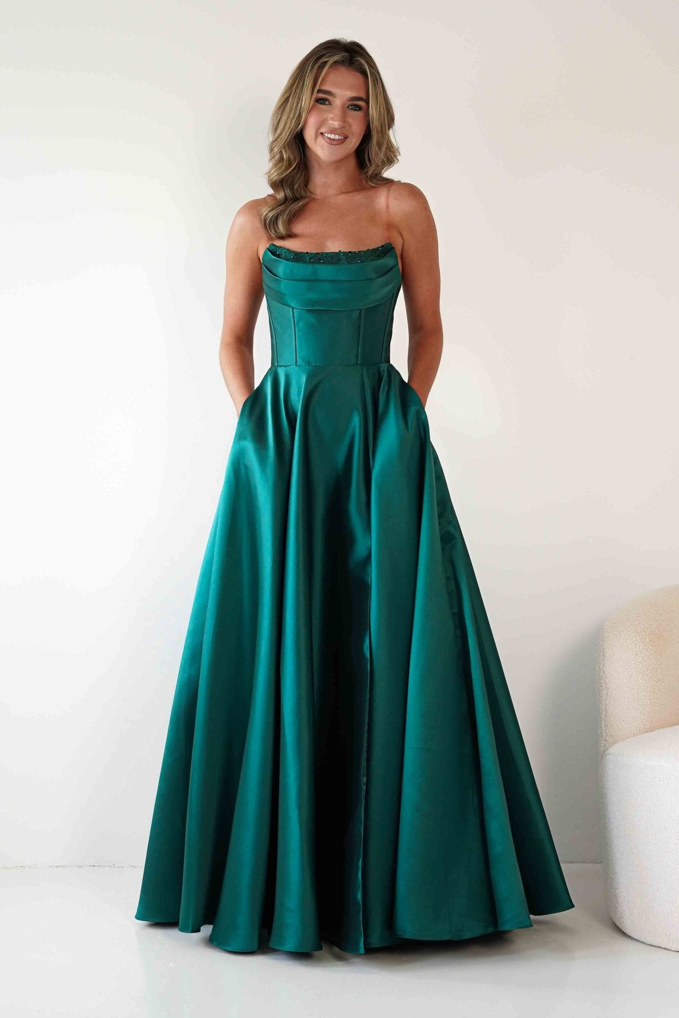 Pepper Strapless A - Line Maxi Gown | Emerald Green | Oh Hello Clothing | S (8)