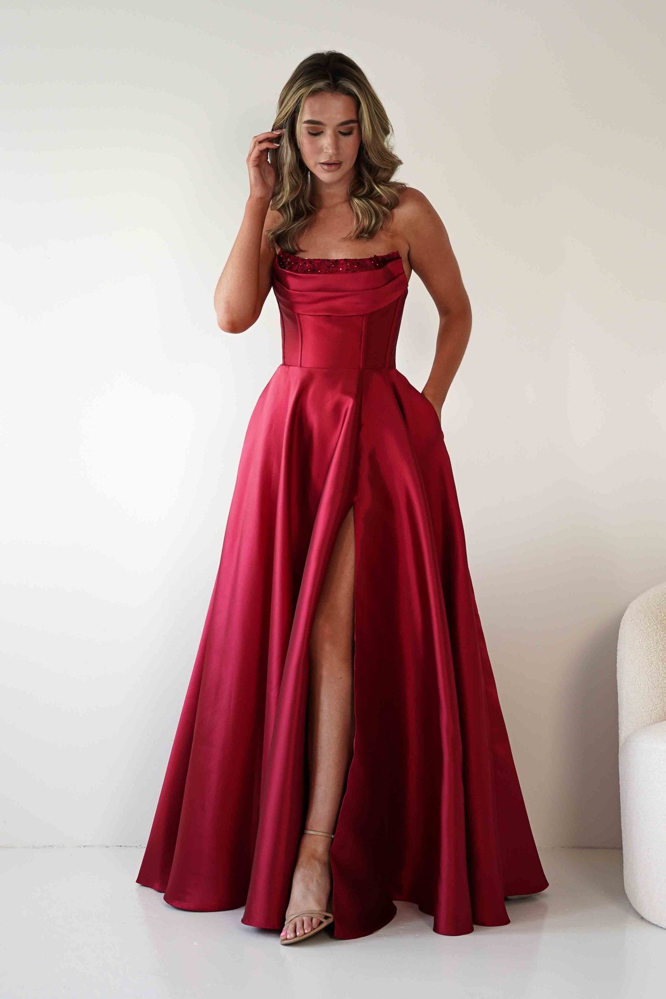Pepper Strapless A - Line Maxi Gown | Red | Oh Hello Clothing | S (8)