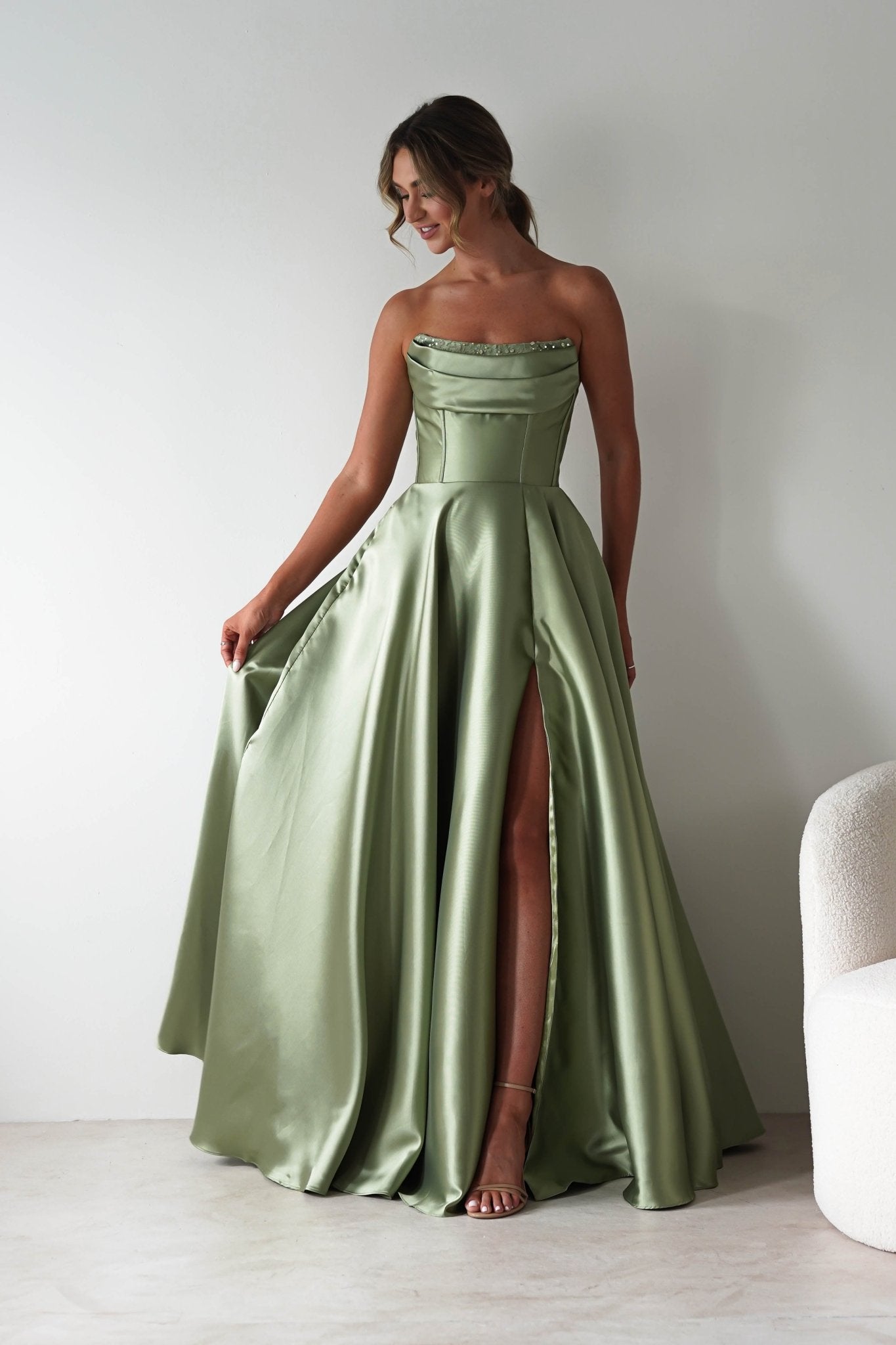 Pepper Strapless A - Line Maxi Gown | Sage | Oh Hello Clothing | XS (6)