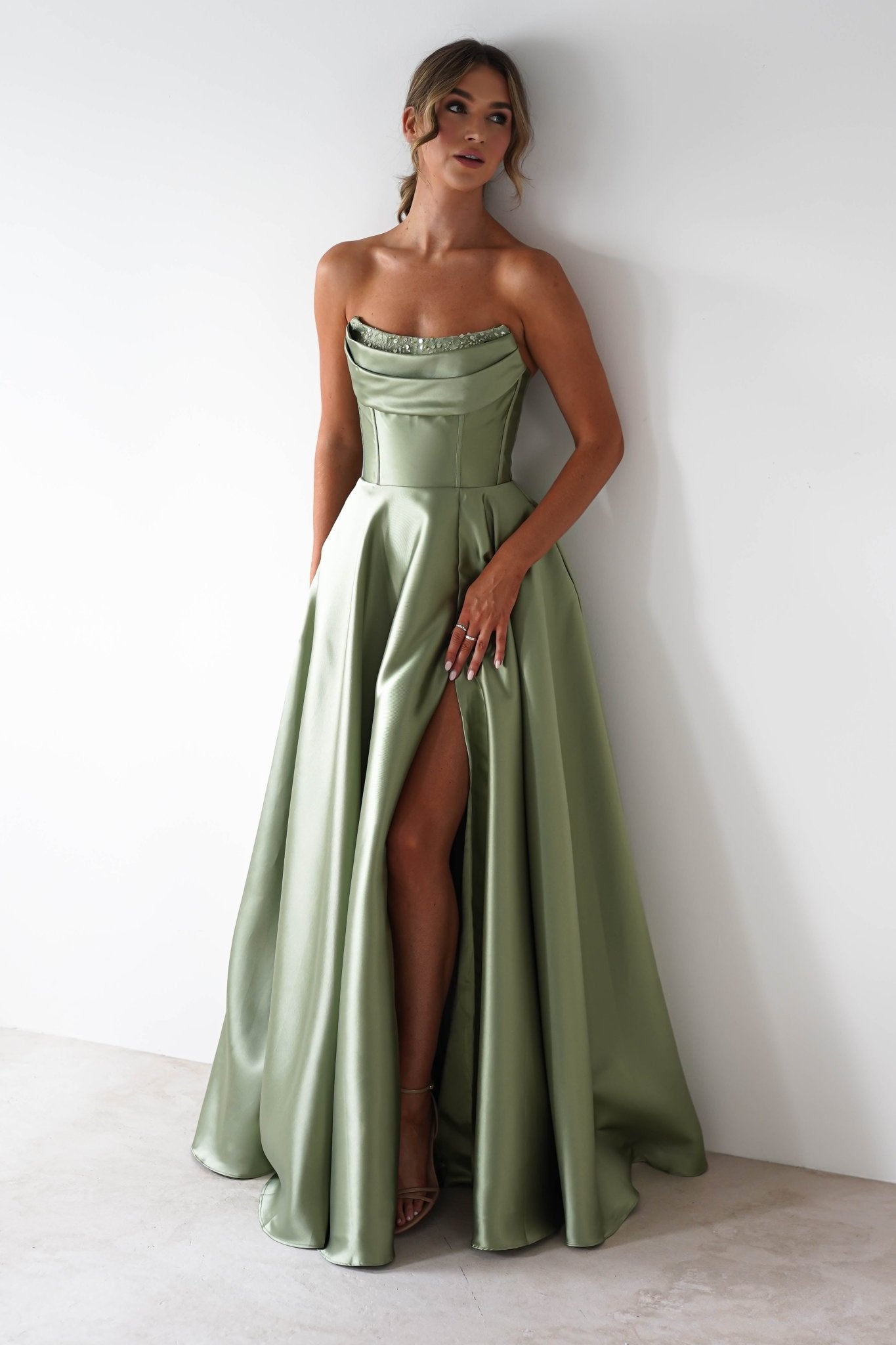 sage green formal maxi dress Strapless Wedding Guest | Pepper self fabric_satin twill adding texture and visual Endless Charm Red Ruffle SIZ:5.5