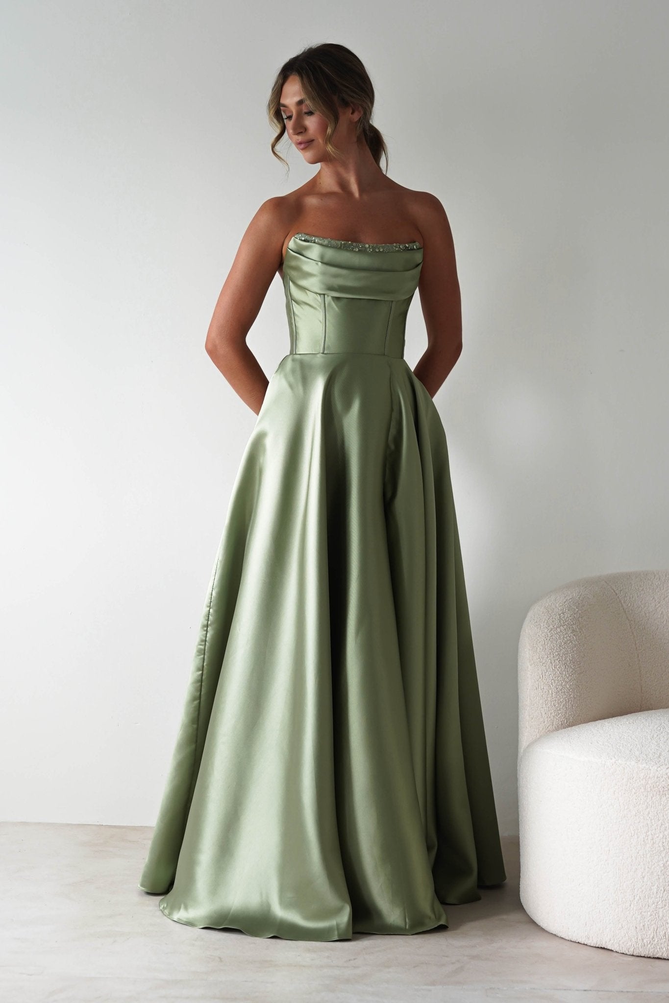 Pepper Strapless A - Line Maxi Gown | Sage | Oh Hello Clothing | XS (6)