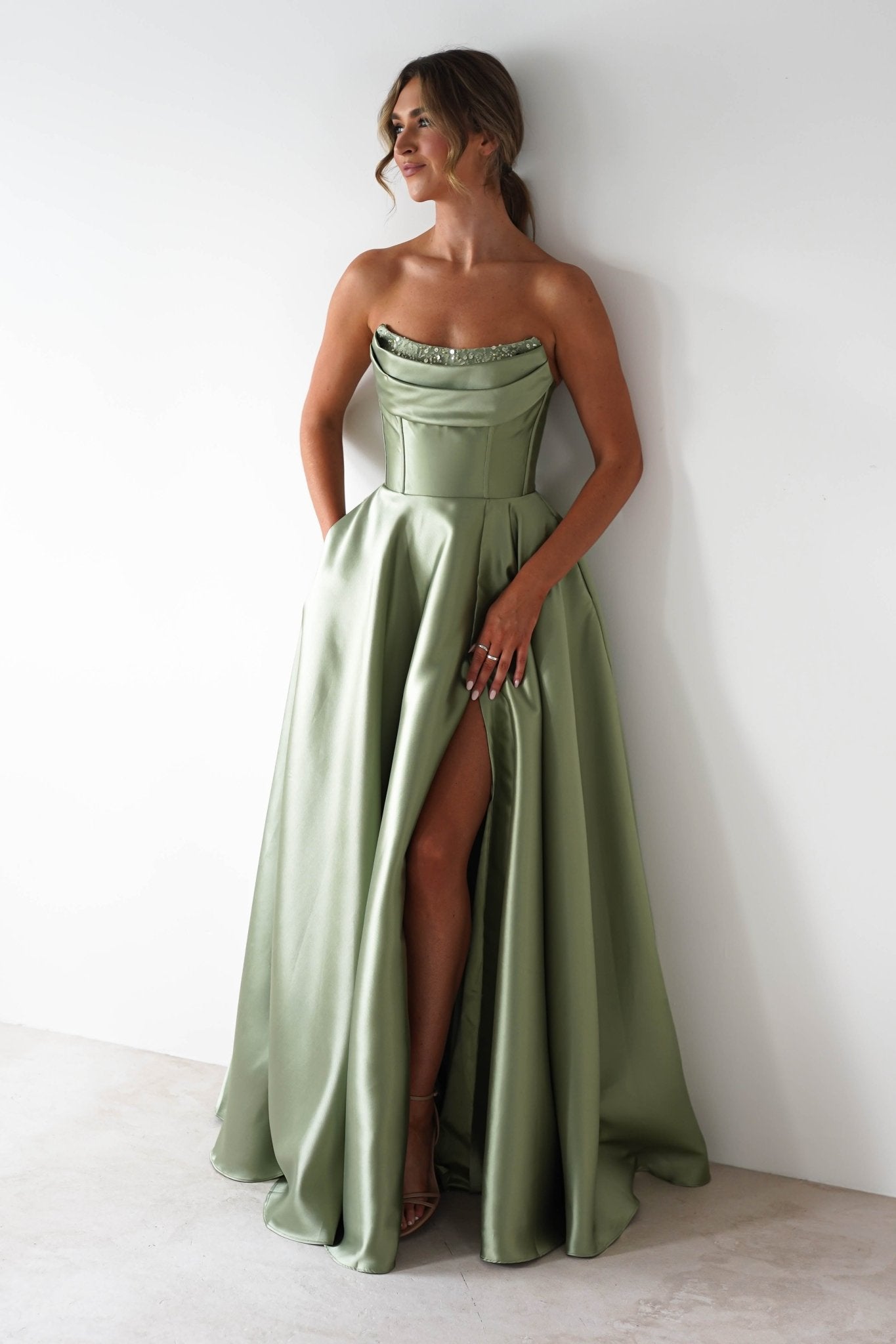 Pepper Strapless A - Line Maxi Gown | Sage | Oh Hello Clothing | XS (6)