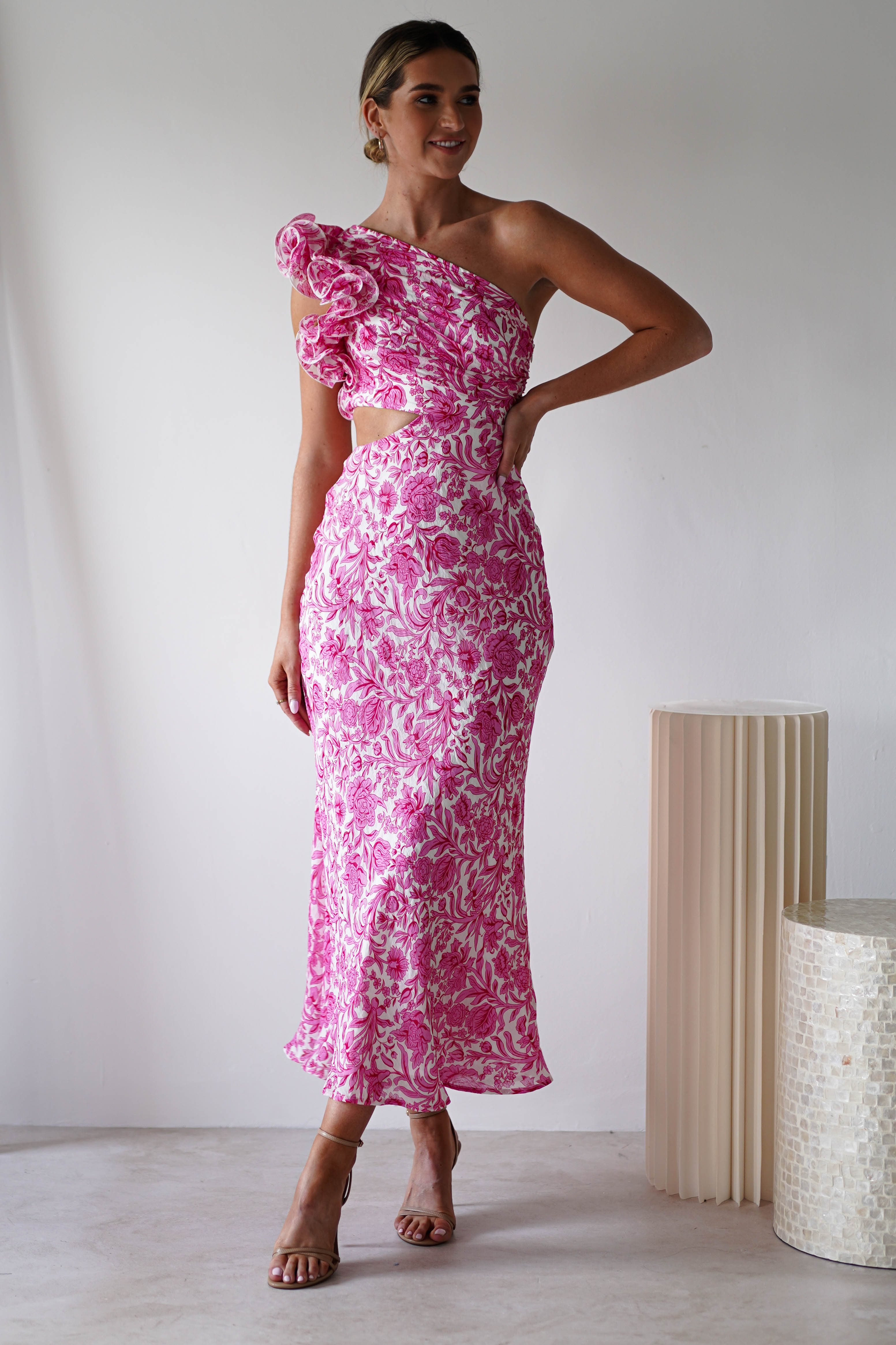 Pertunia Cut Out Midaxi Dress | Pink Print | Oh Hello Clothing | XS (6)