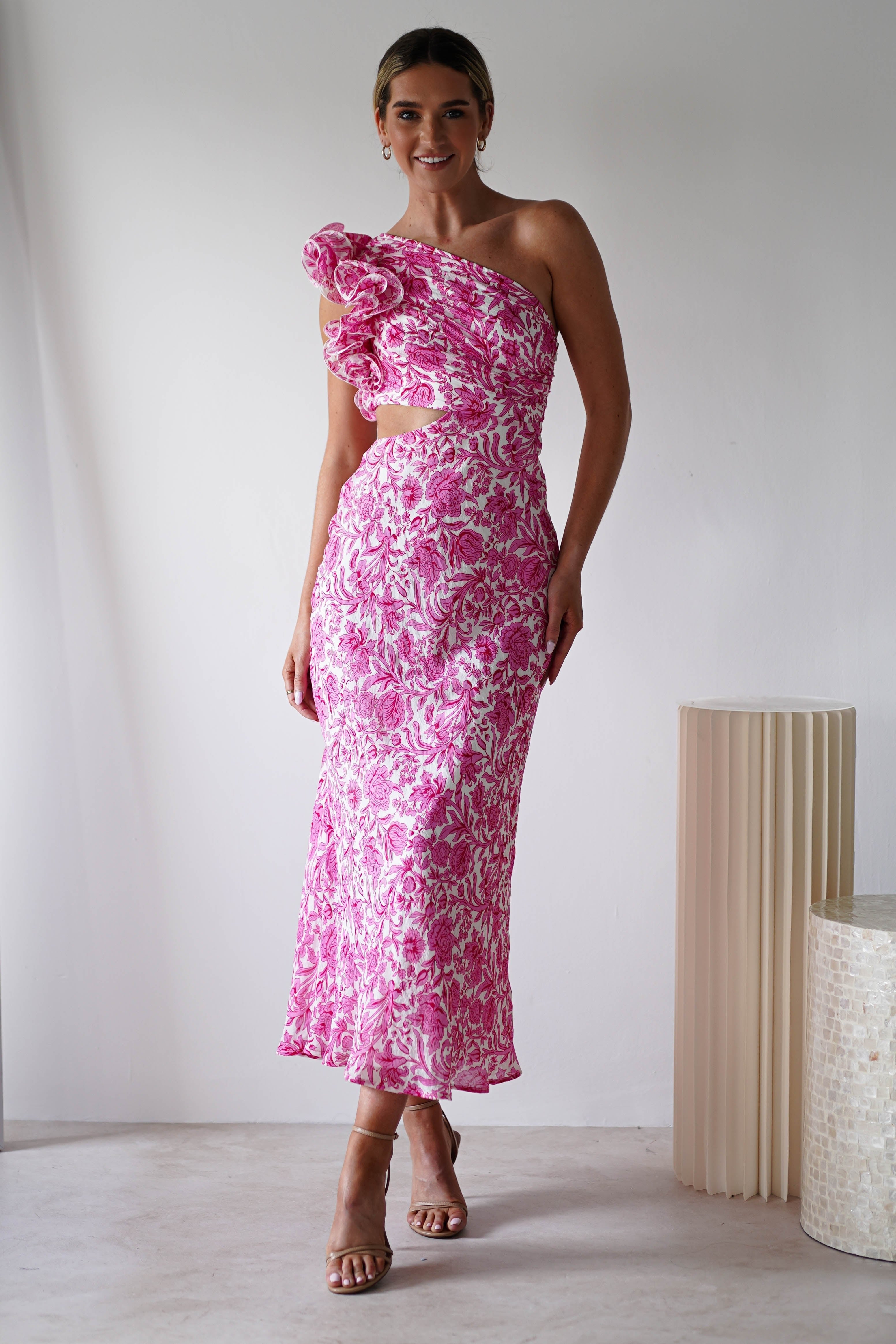 Pertunia Cut Out Midaxi Dress | Pink Print | Oh Hello Clothing | XS (6)