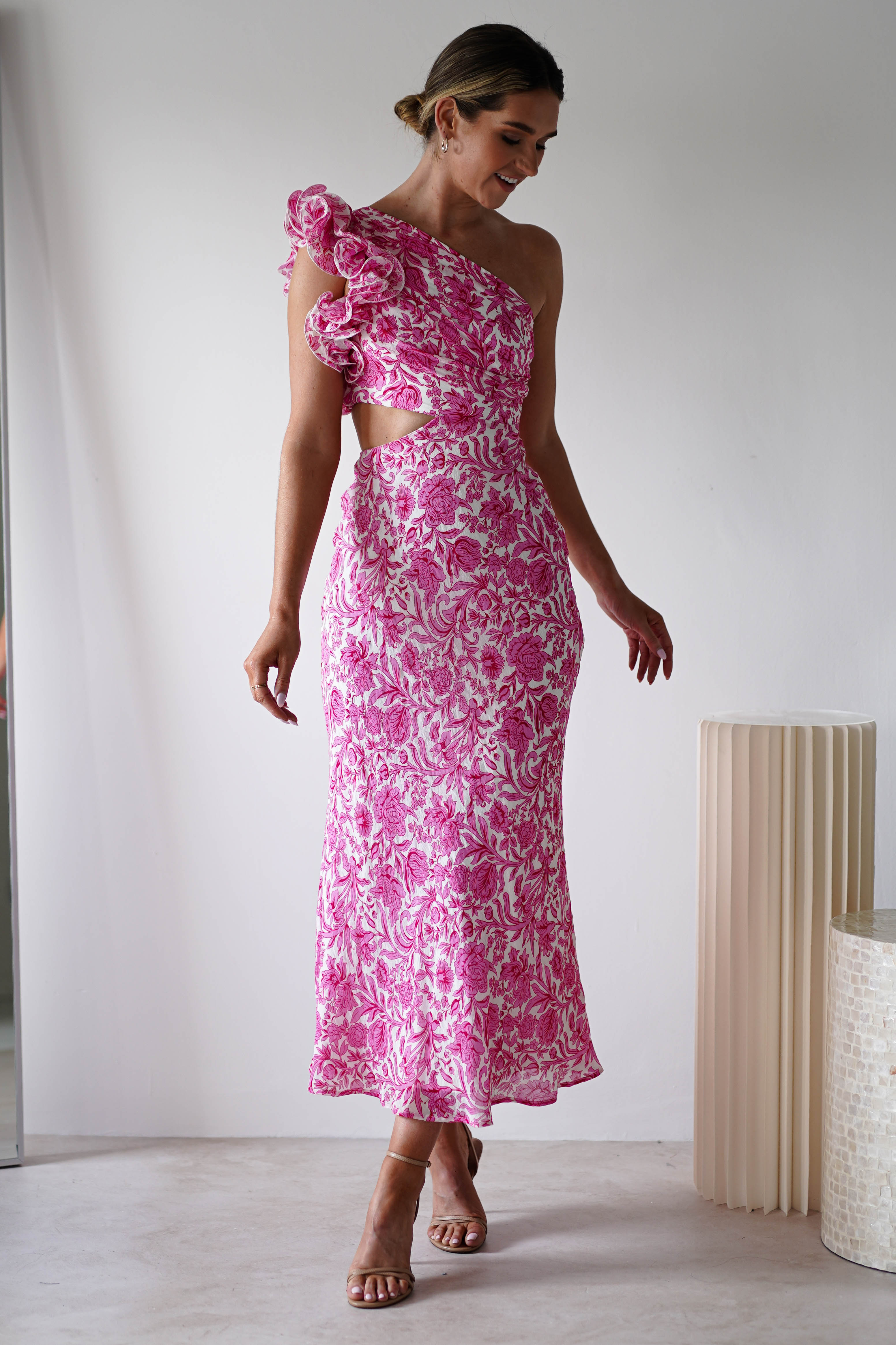 Pertunia Cut Out Midaxi Dress | Pink Print | Oh Hello Clothing | XS (6)