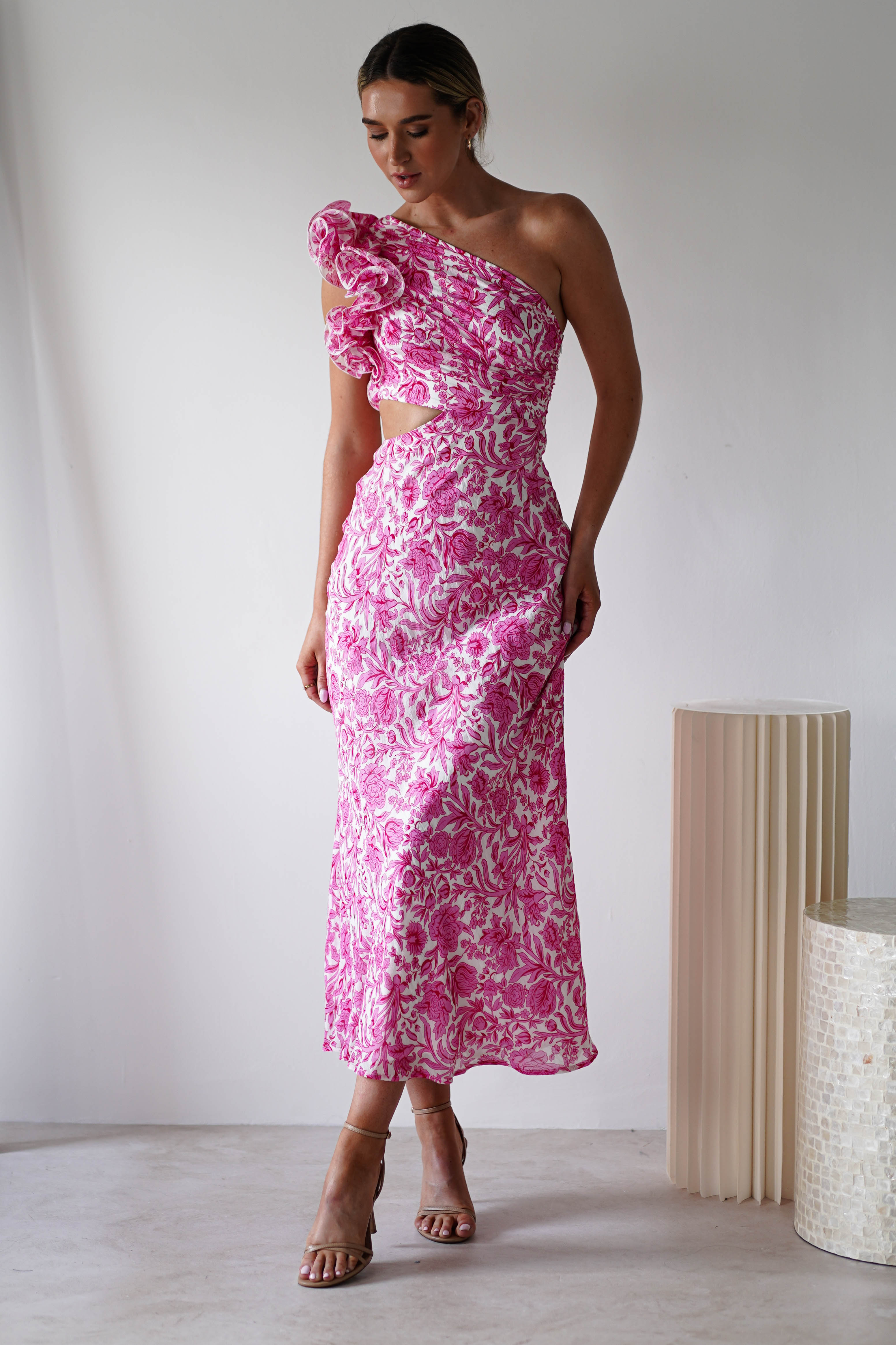 Pertunia Cut Out Midaxi Dress | Pink Print | Oh Hello Clothing | XS (6)