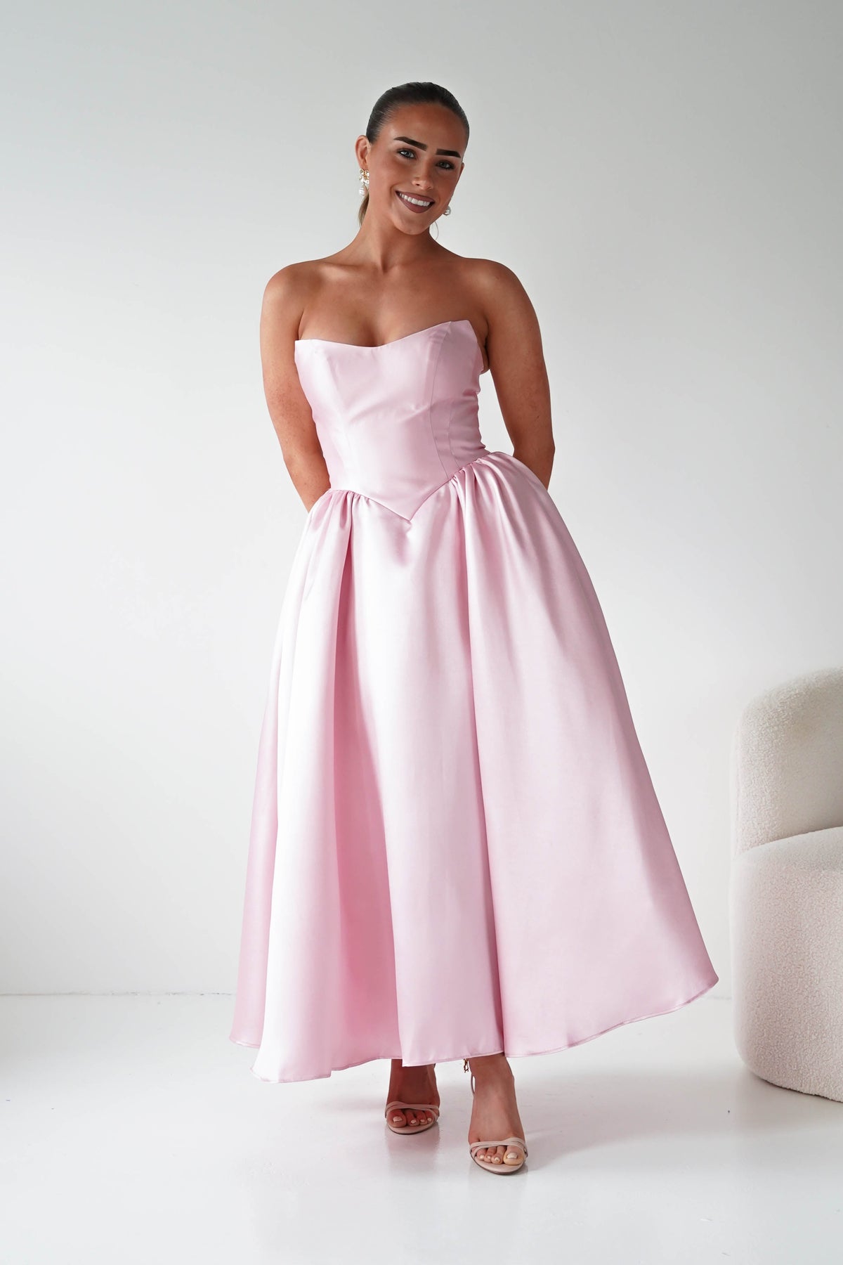women's light pink strapless dress for a wedding Phoebe Sweetheart Midi | Shirt style collar Formal Dress Macys Velvet this sophisticated dress will Size:15.8
