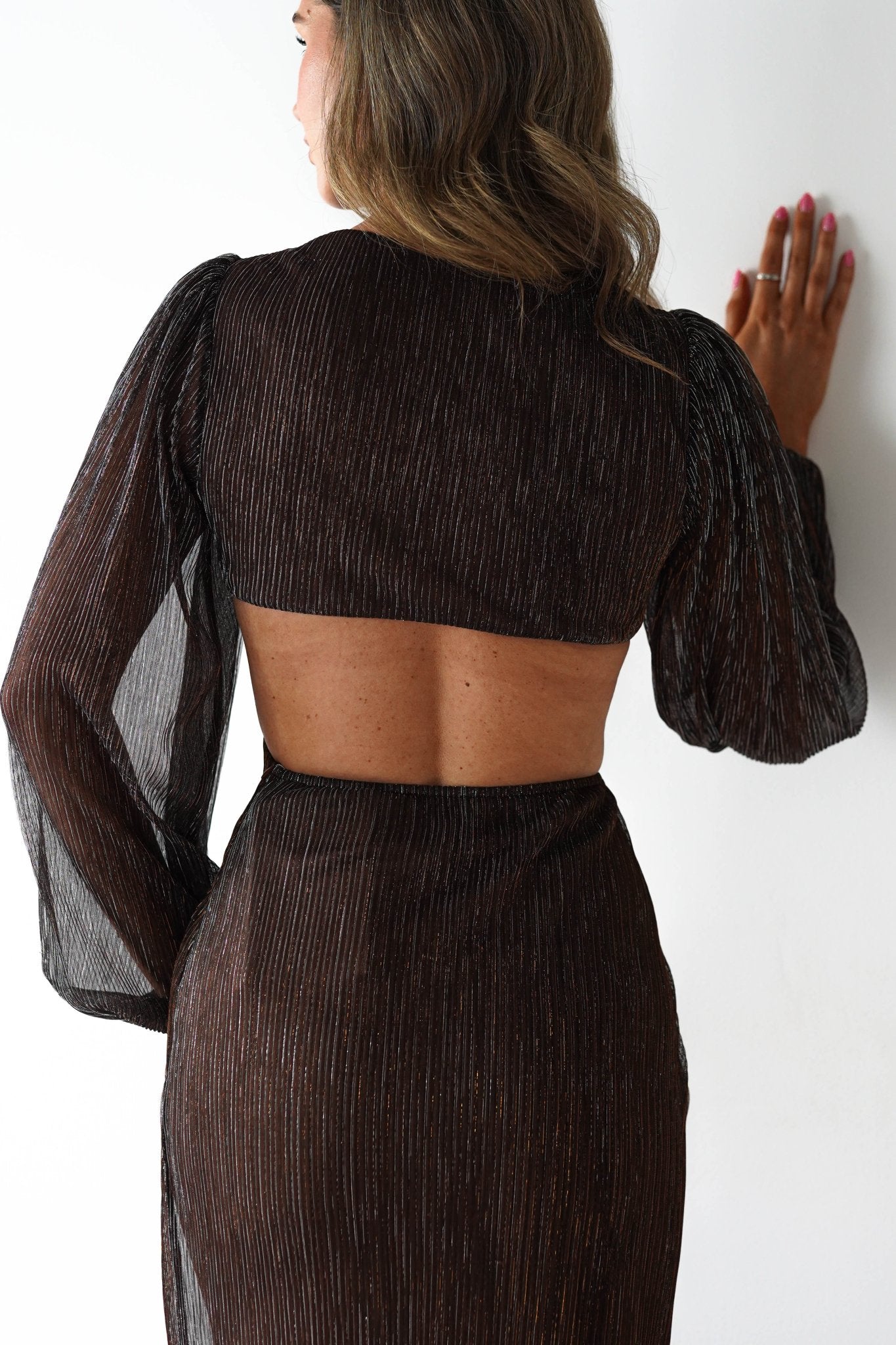 Pietra Plisse Cut Out Maxi Dress | Brown | Oh Hello Clothing | XS (6)