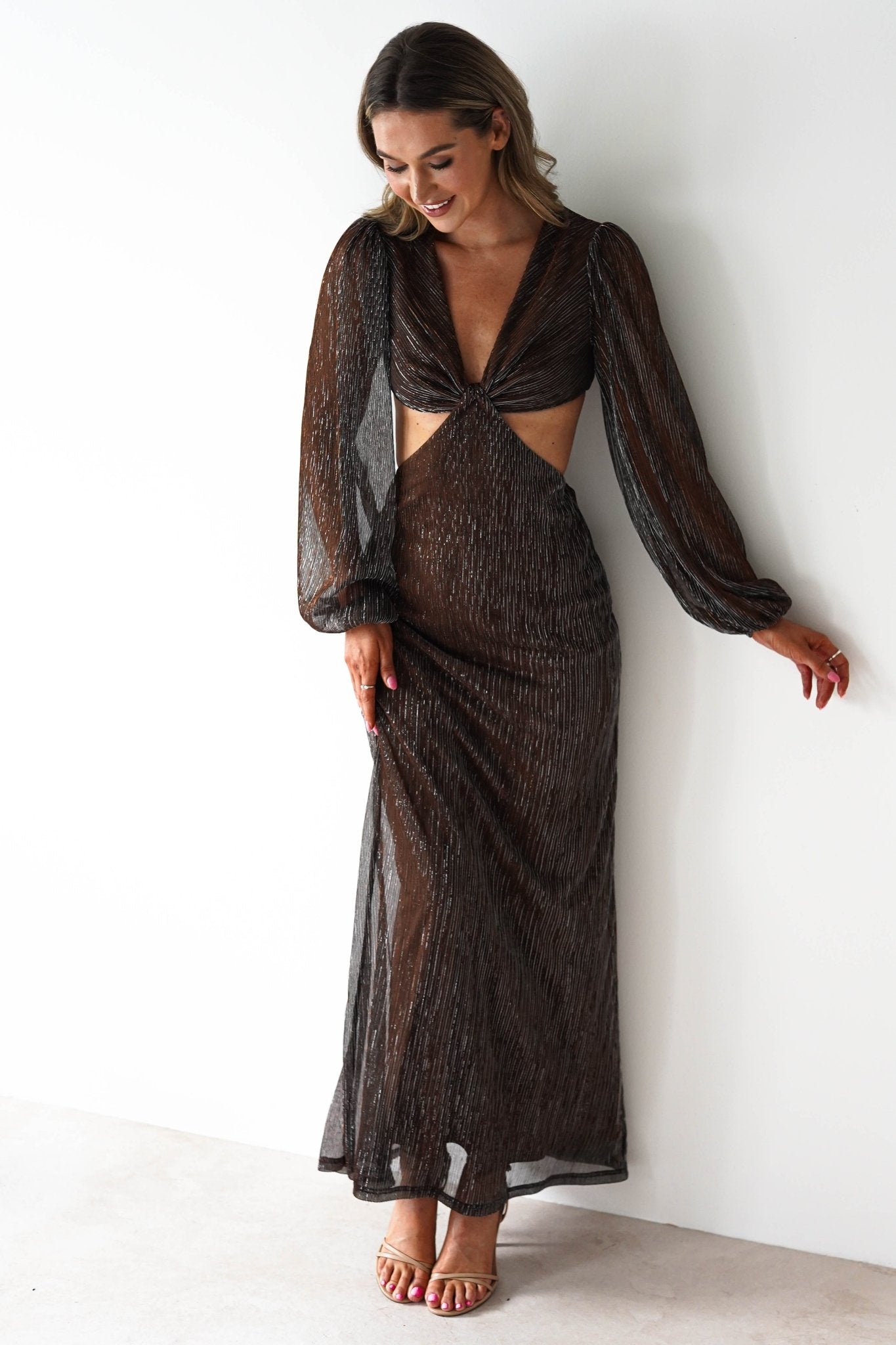 Pietra Plisse Cut Out Maxi Dress | Brown | Oh Hello Clothing | XS (6)