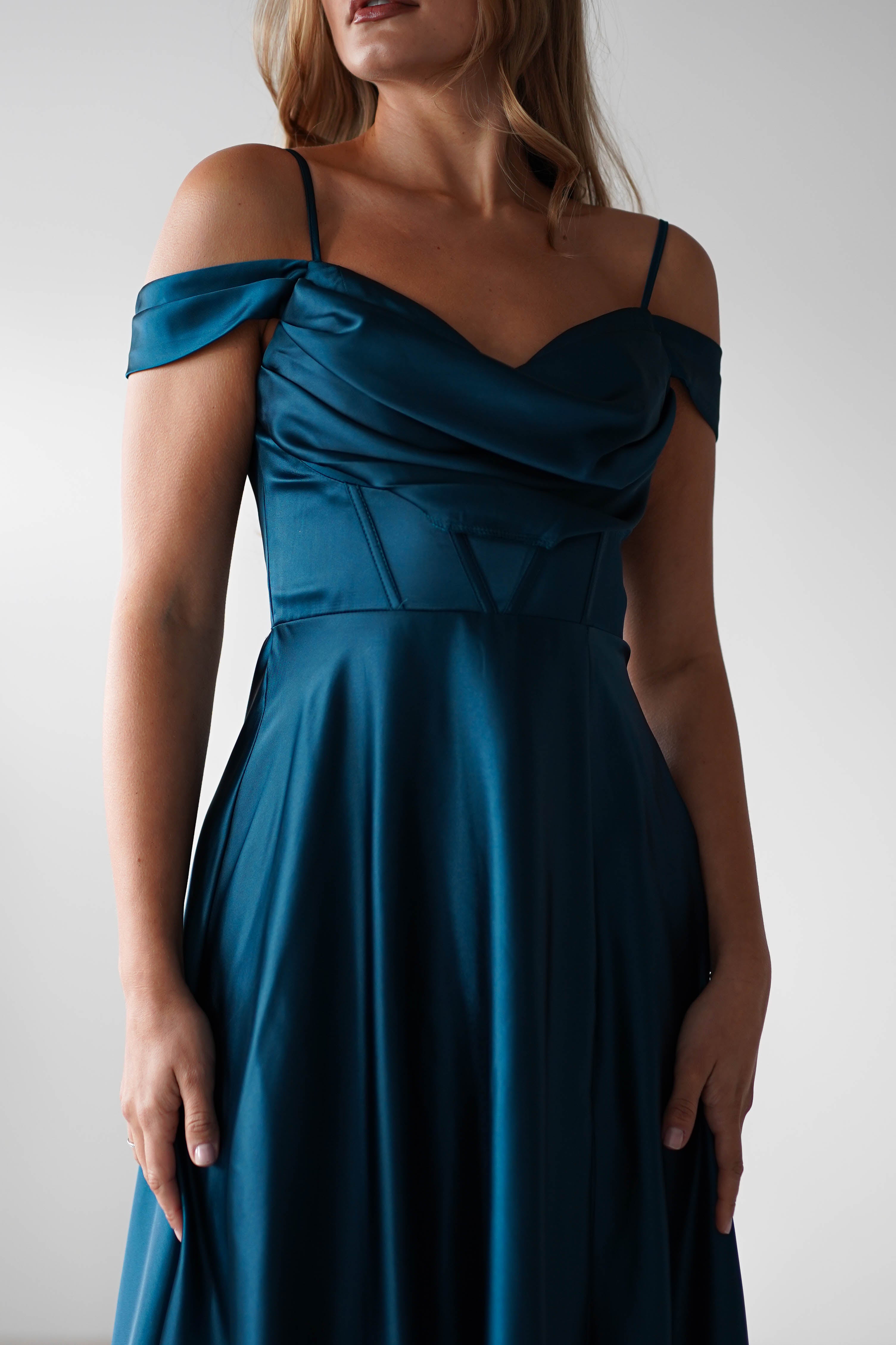 Polina Draped Satin Maxi Dress | Teal | Oh Hello Clothing | S (8)