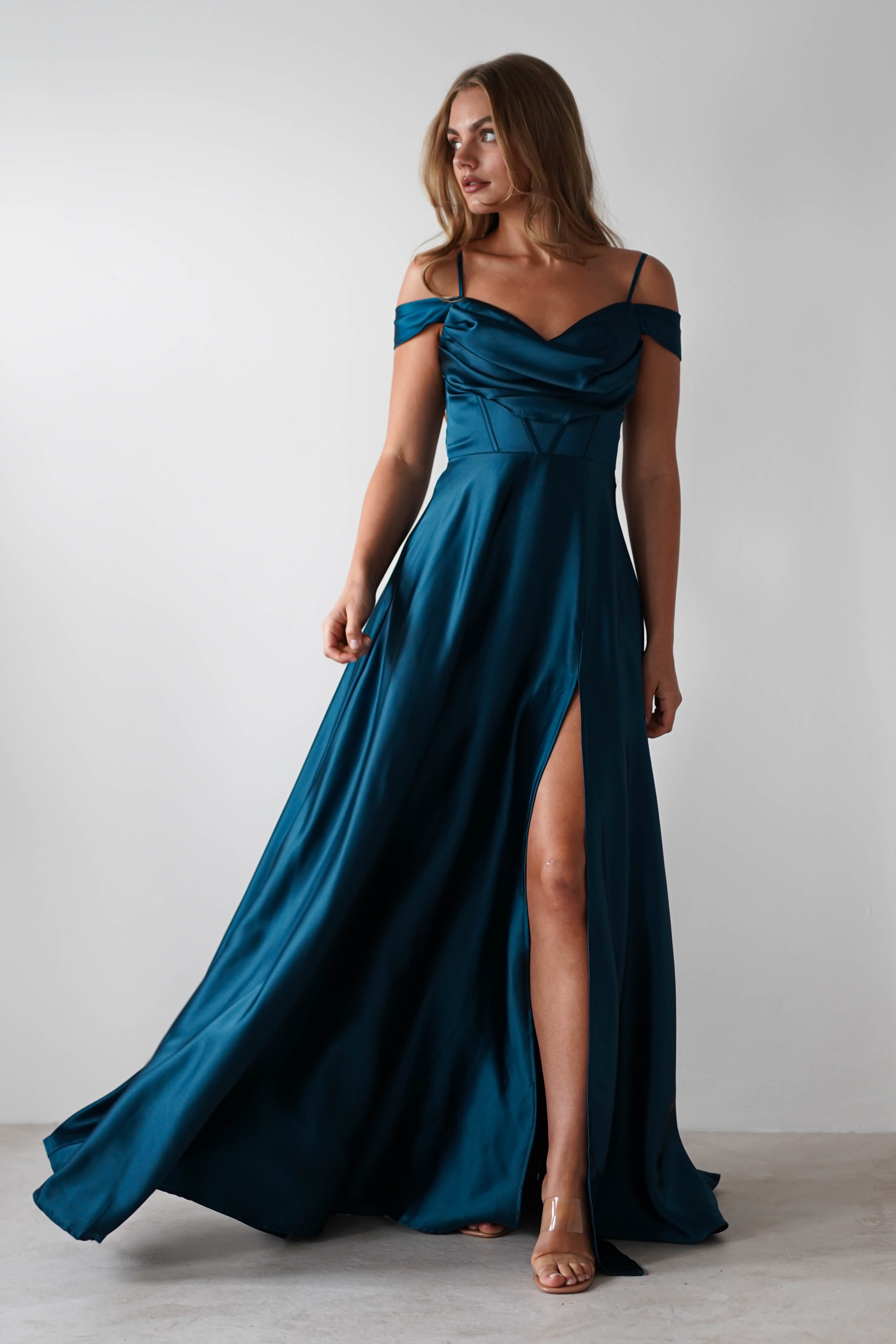 Polina Draped Satin Maxi Dress | Teal | Oh Hello Clothing | S (8)