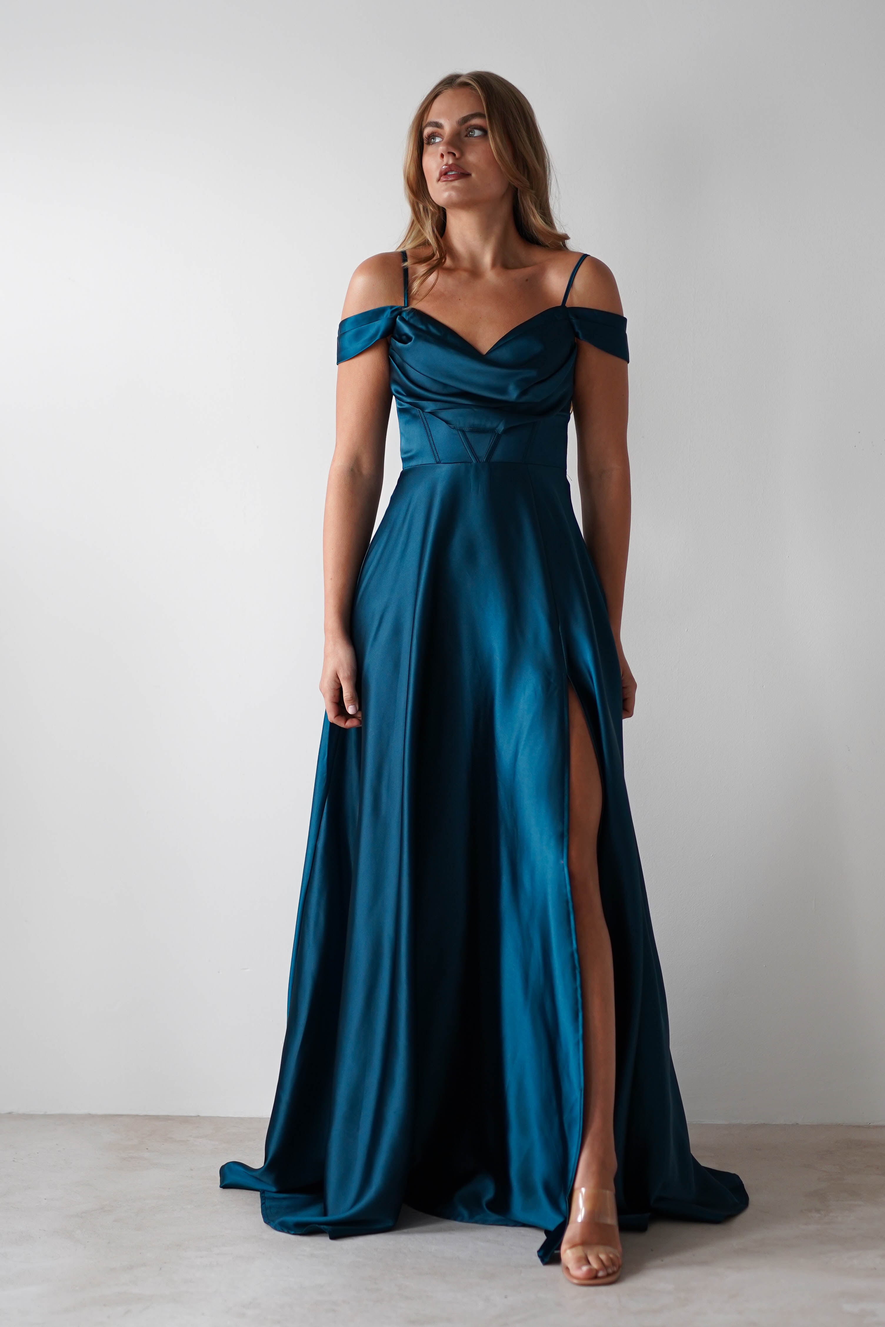 Polina Draped Satin Maxi Dress | Teal | Oh Hello Clothing | S (8)
