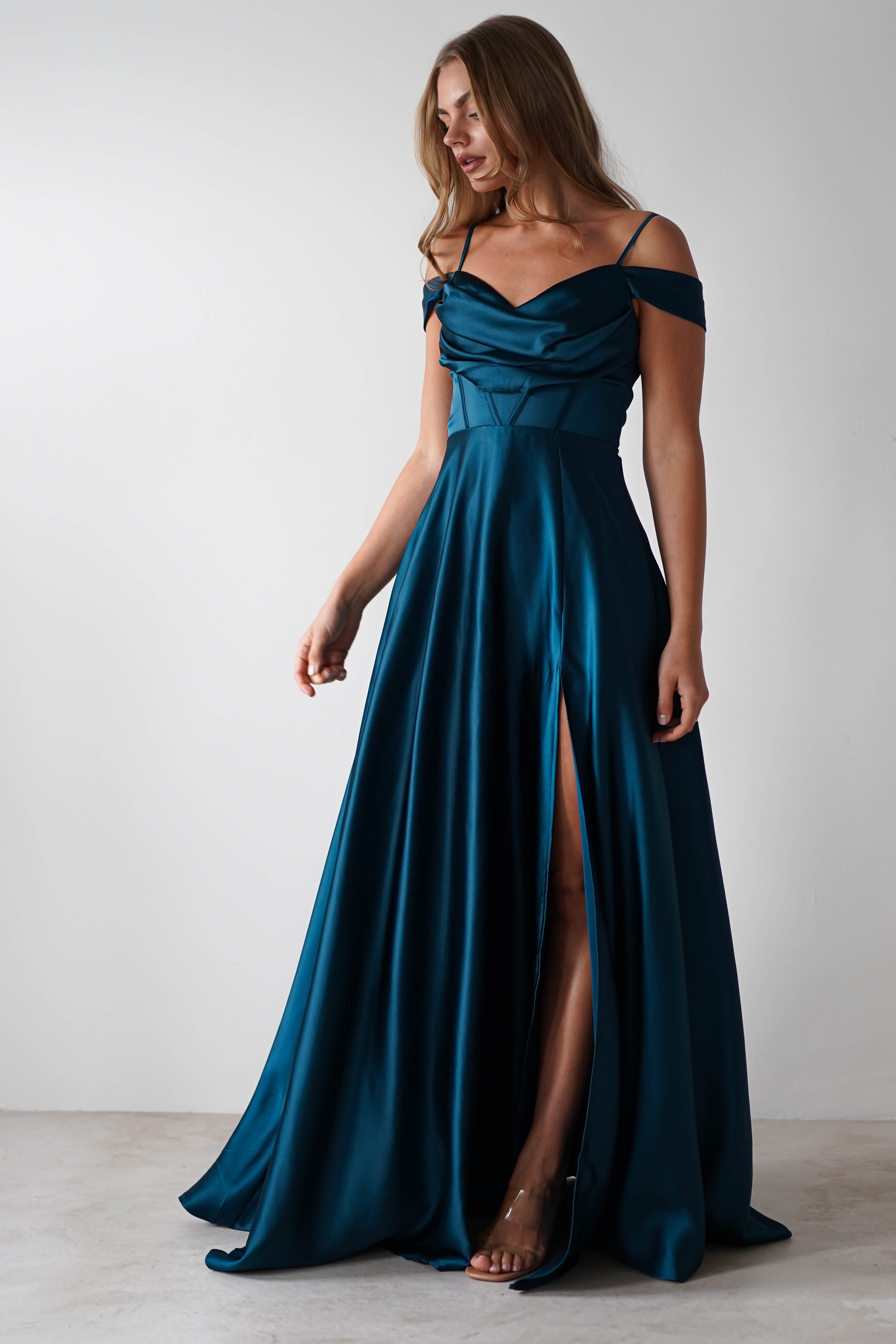 Polina Draped Satin Maxi Dress | Teal | Oh Hello Clothing | S (8)
