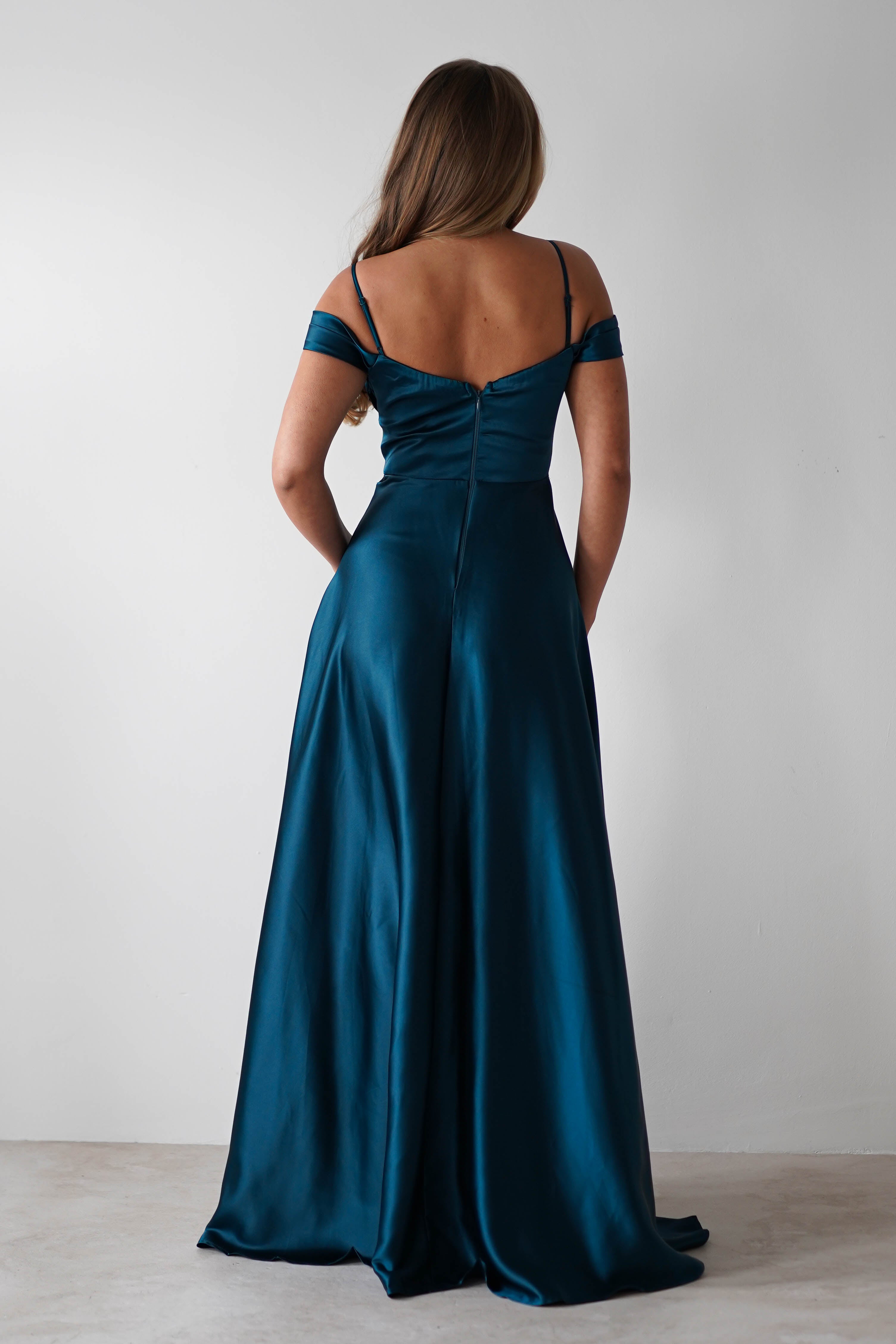 Polina Draped Satin Maxi Dress | Teal | Oh Hello Clothing | S (8)