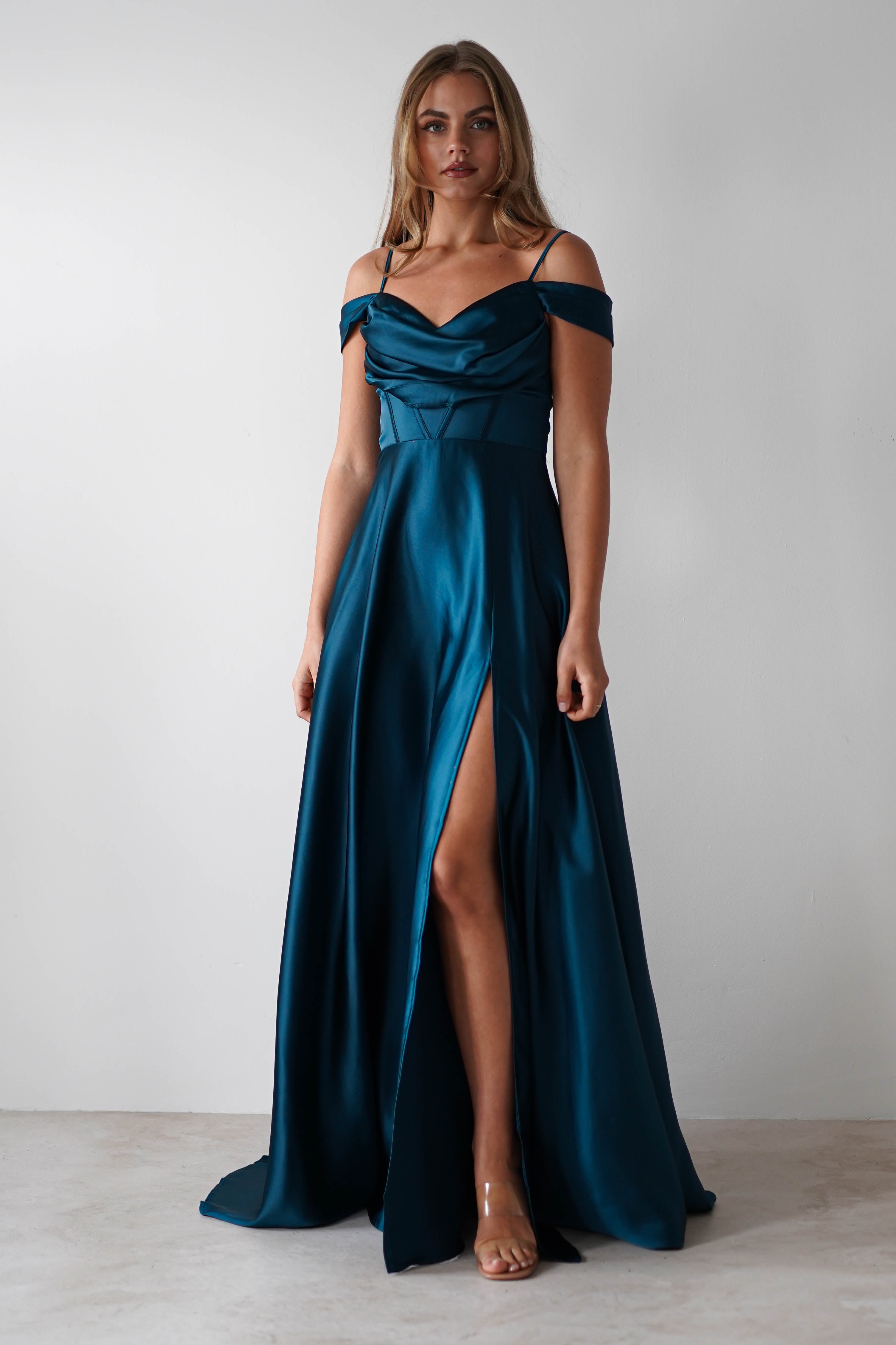 Polina Draped Satin Maxi Dress | Teal | Oh Hello Clothing | S (8)
