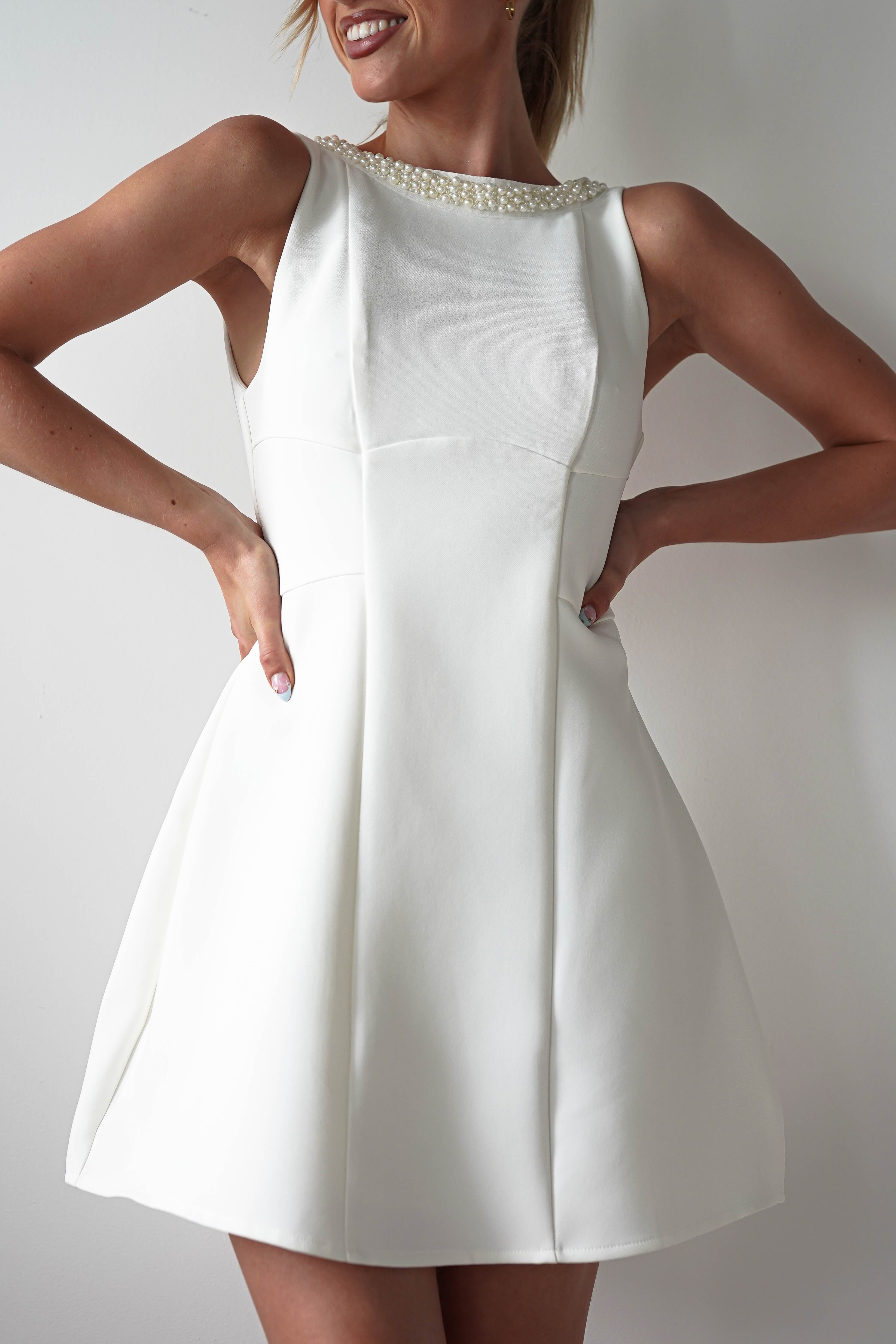 Polly Structured Pearl Detail Mini Dress | White | Oh Hello Clothing | XS (6)